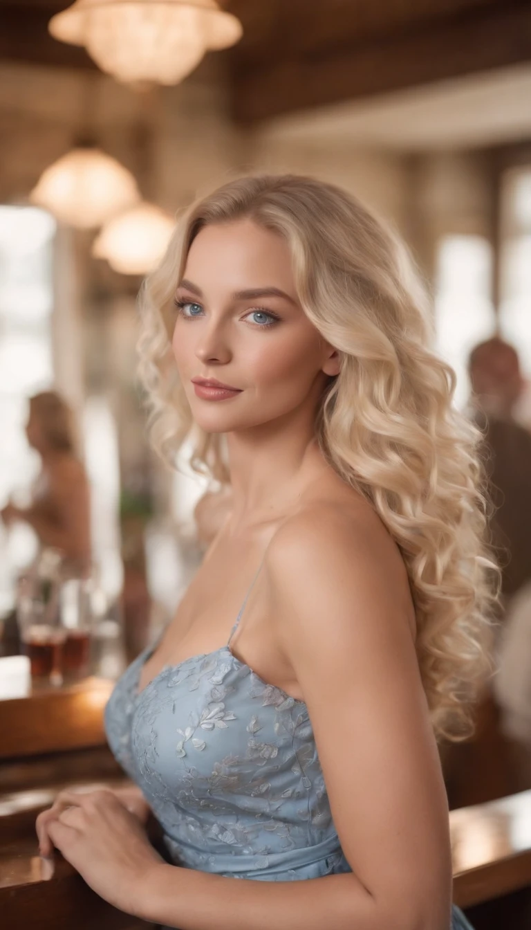 A beautiful blonde woman，curlies, Blue eyes, Tanned skin, wearing a summer dress, Full-figured，in a pub, full bodyesbian，romantic atmoshere，rose petals