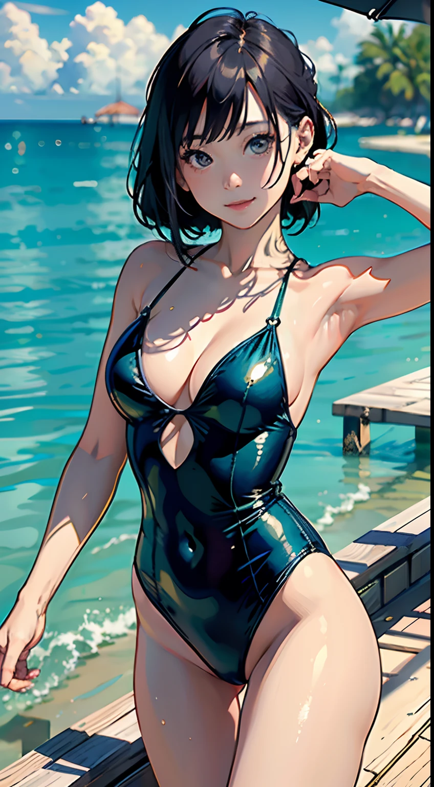 masterpiece、top-quality、Realisticity、Cinema Angle、hposing Gravure Idol、1 beautiful girl、cute face、A smile、年轻、Sexy swimming costume、sexypose、Tropical、Against the background of the sea、blur backgroun、