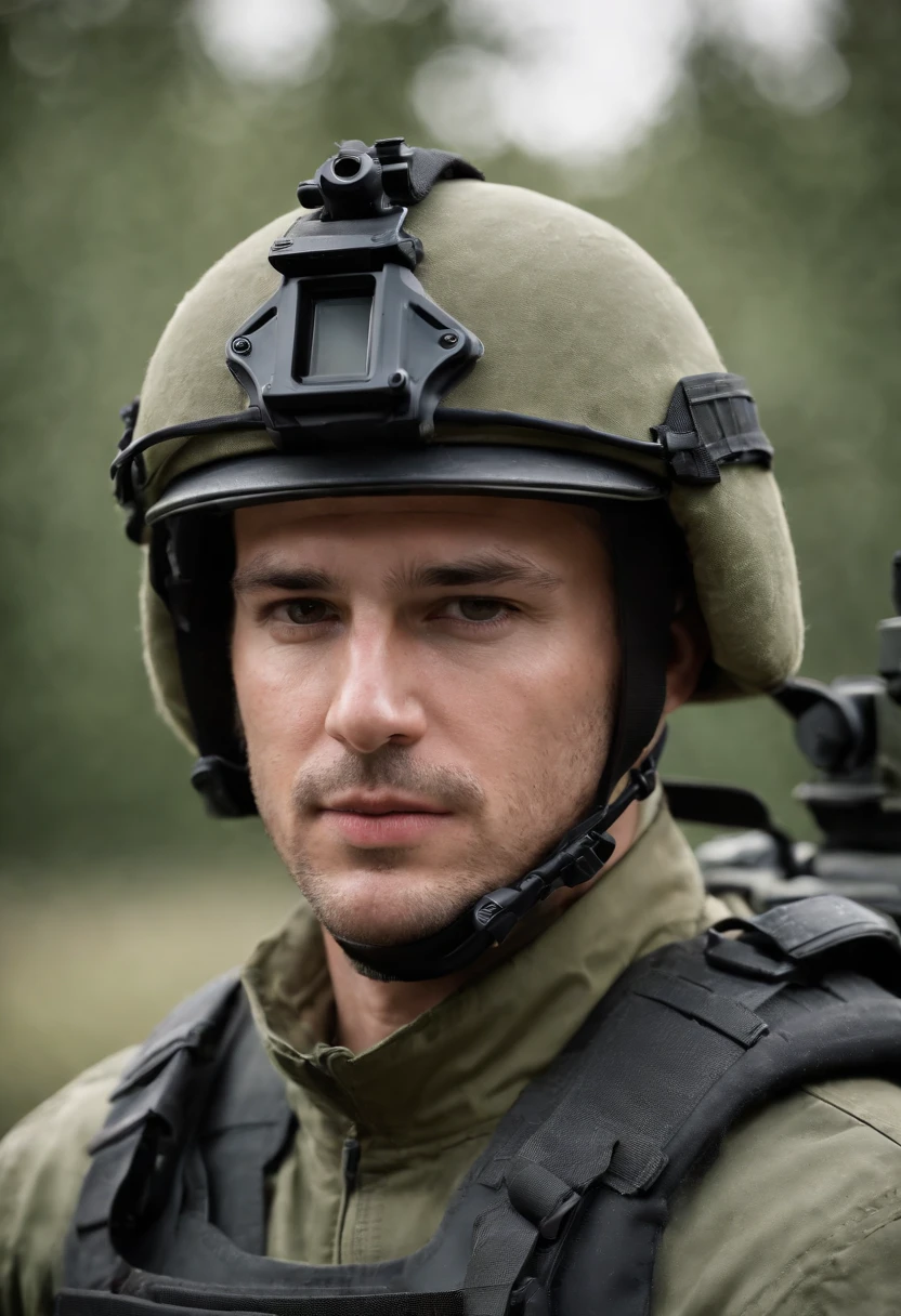 Military man wearing green uniform, wearing black A.L.I.C.E rig and black PASGT with black goggle