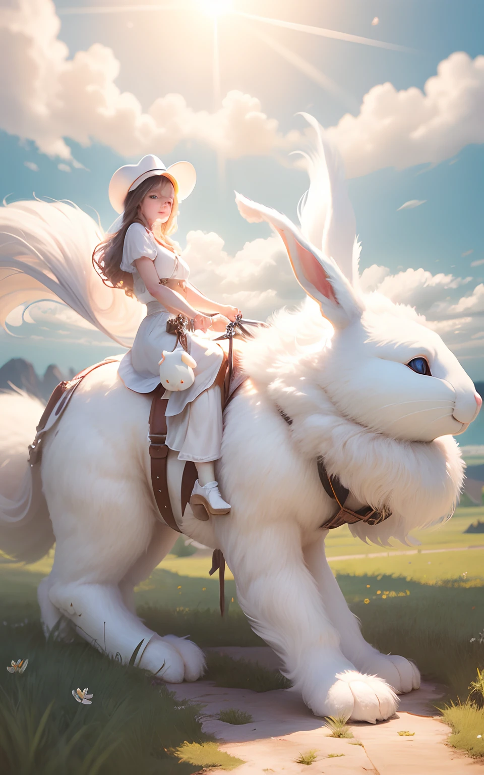 Anime girl riding a white rabbit in a field - SeaArt AI