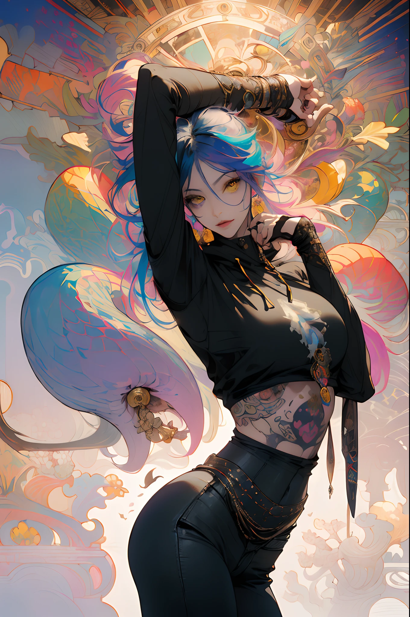 ((Ultra HD of the highest quality)), ((Masterpiece)), (Detailed: 1.4), (Absurd), The most beautiful and sexy punk rock girl, Long rainbow-colored hair fluttering in the wind, pale-skinned, Vibrant yellow eyes, Hot woman, Wear a very detailed hoodie, patterned shirt, and ripped skinny jeans, Sculptural body (((Huge huge, Pubic Area Showing)), Lots of tattoos and piercings(((Unkempt hair)), Very long and delicate eyelashes, By Mucha, niji --V5, near the real, Sexy dynamic pose, Pastel, Centered, Scale to fit the dimensions, graffiti style background, high detailed background, Perfect masterpiece, Best quality, Best resolution