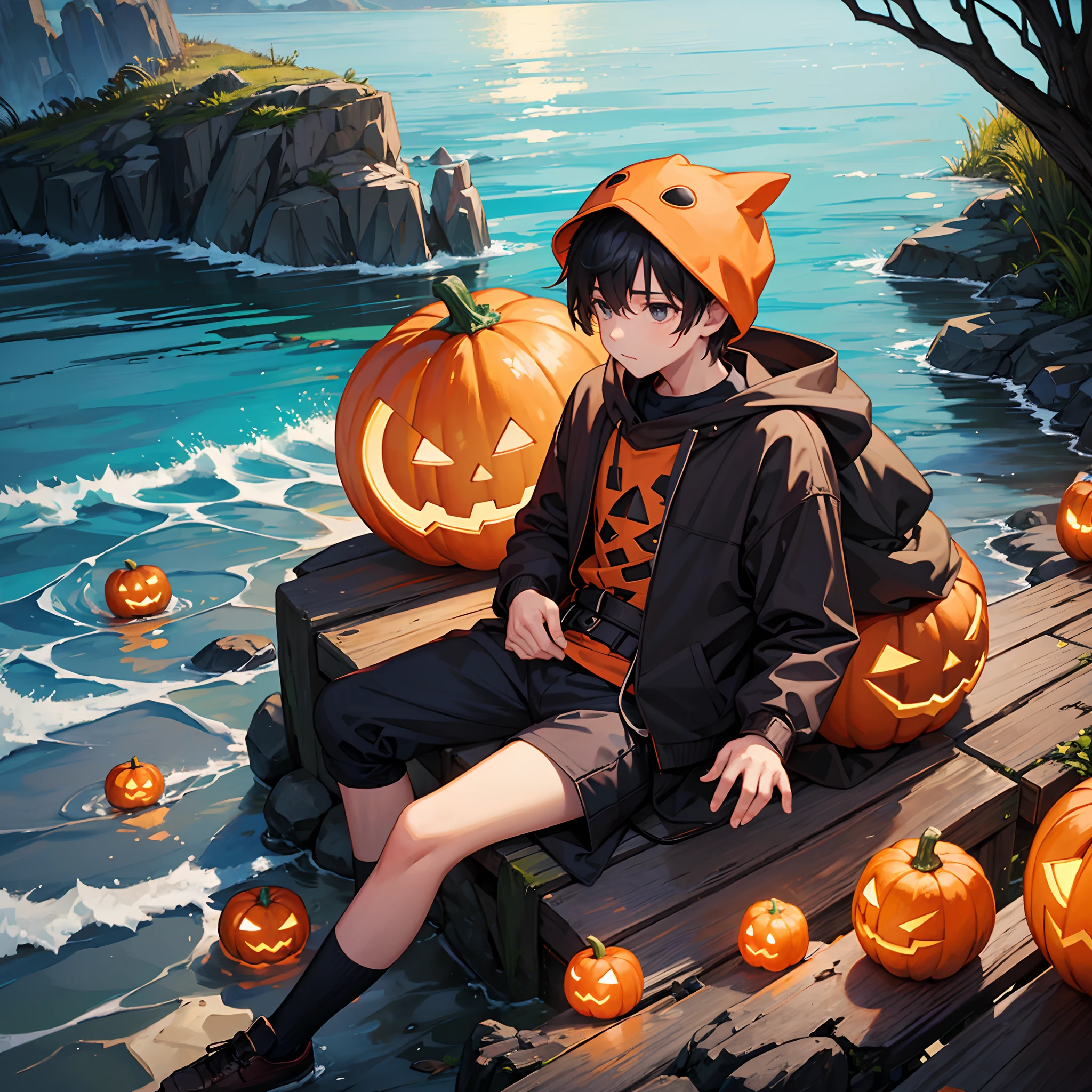 a boy, sitting at the seashore, wearing a pumpkin costume for holloween, night, bloody moon.