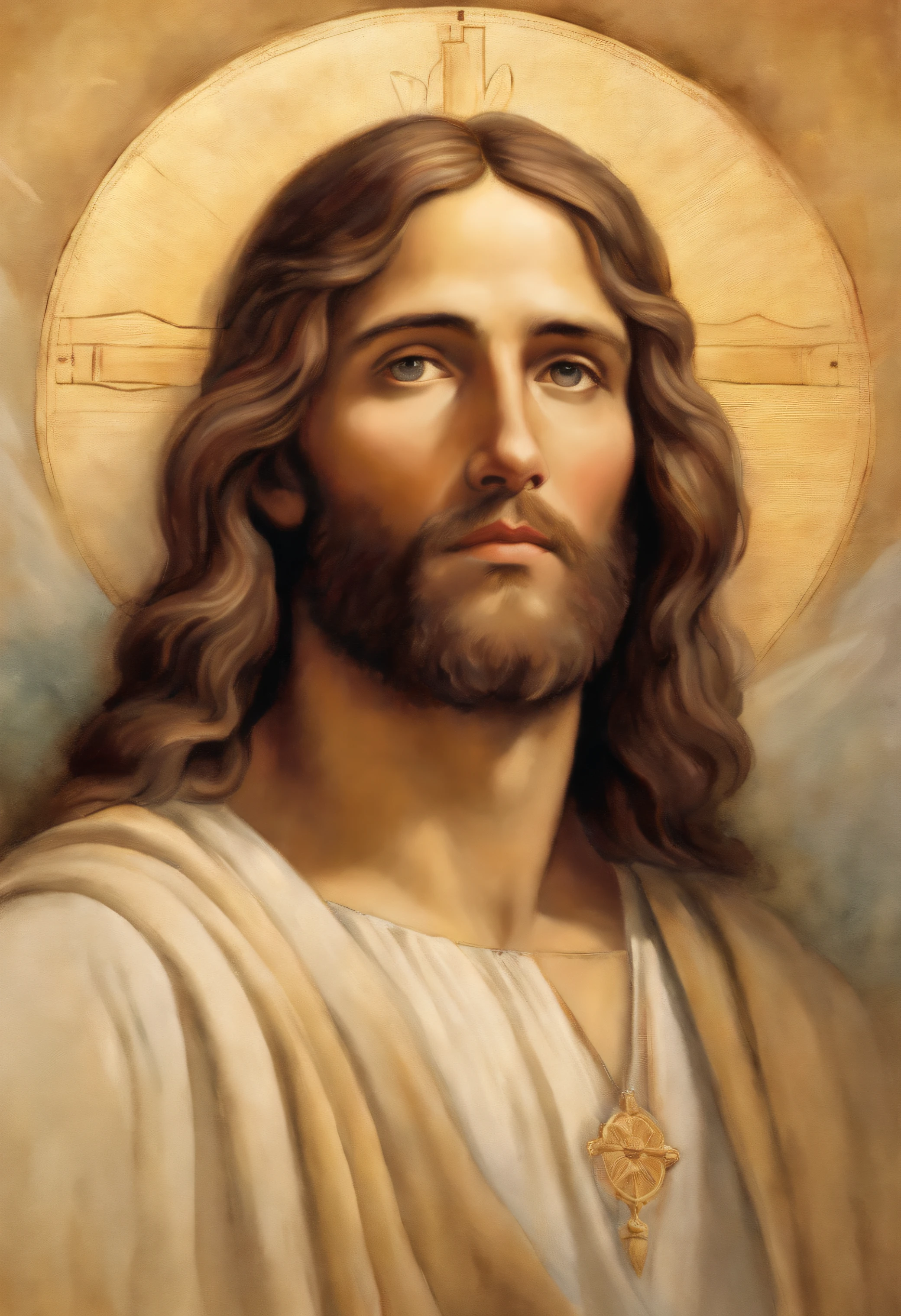Retrato de Jesus Cristo em estilo aquarela, foco na figura frontal e perfil, perspectiva vertical, estilo pinto-de-agua, texturas naturais, detalhes sutis, tons pastel, tons quentes, efeitos de gota e embaralhamento, linhas suaves, as if hand painted