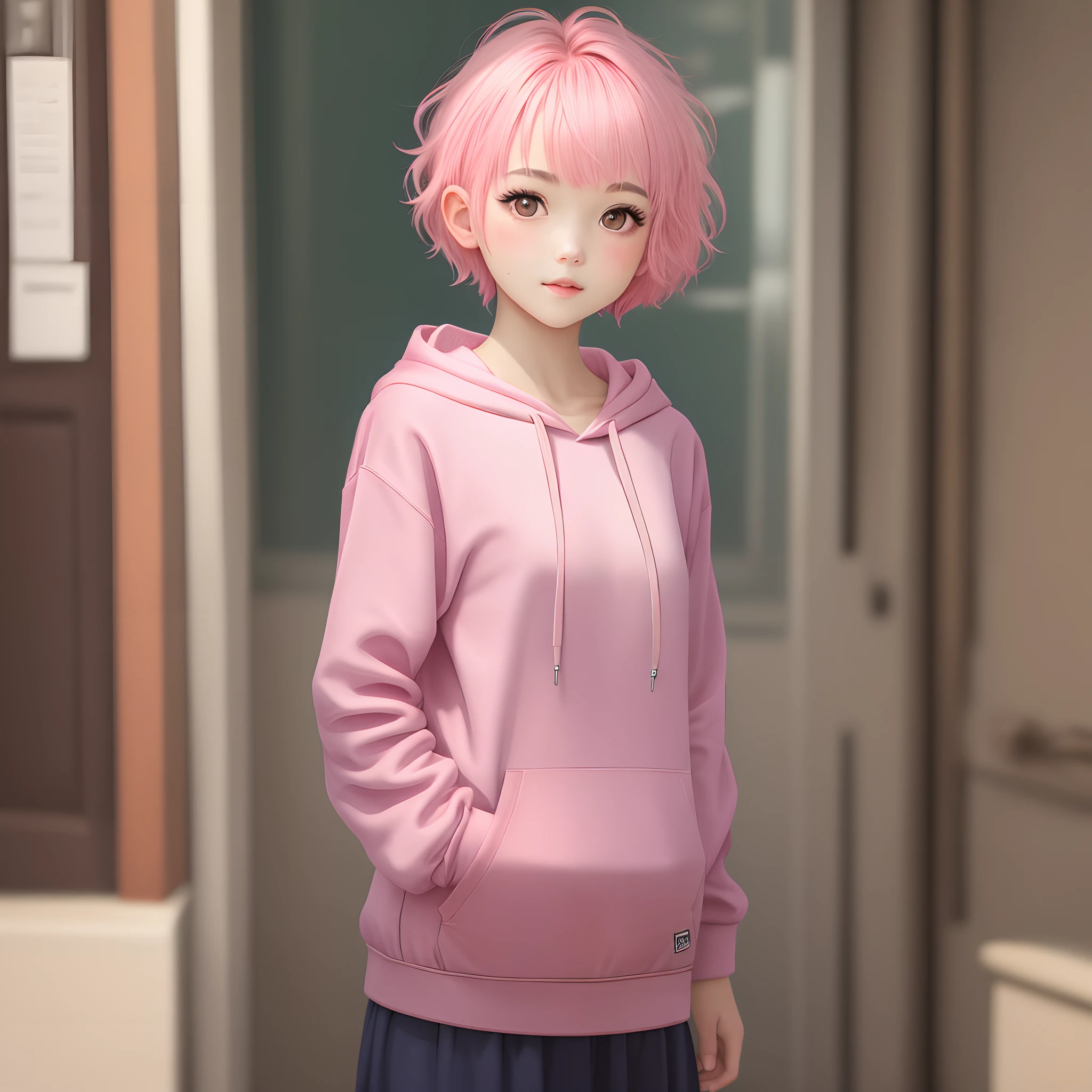 A girl with short pink hair, brown eyes, and pink hoodie