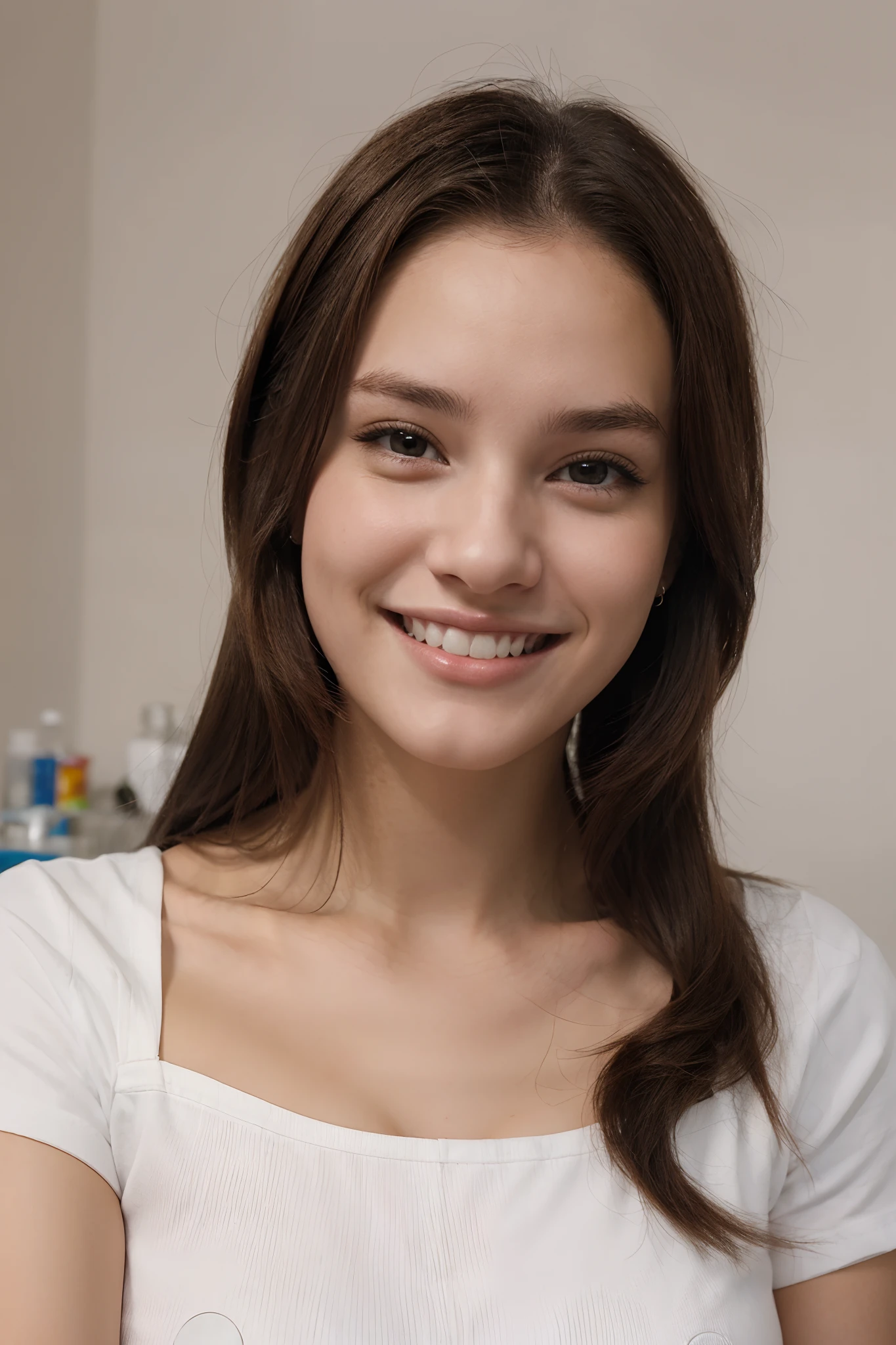 a single beautiful female veterinary technician, smiling