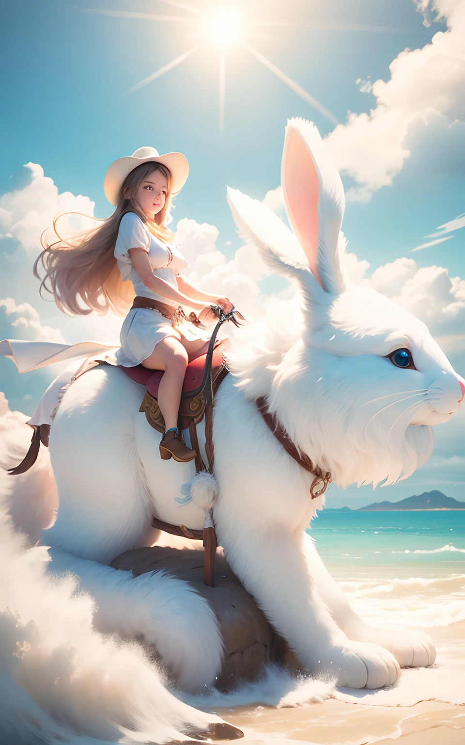 girl riding on top of a giant fluffy white bunny, fantasy