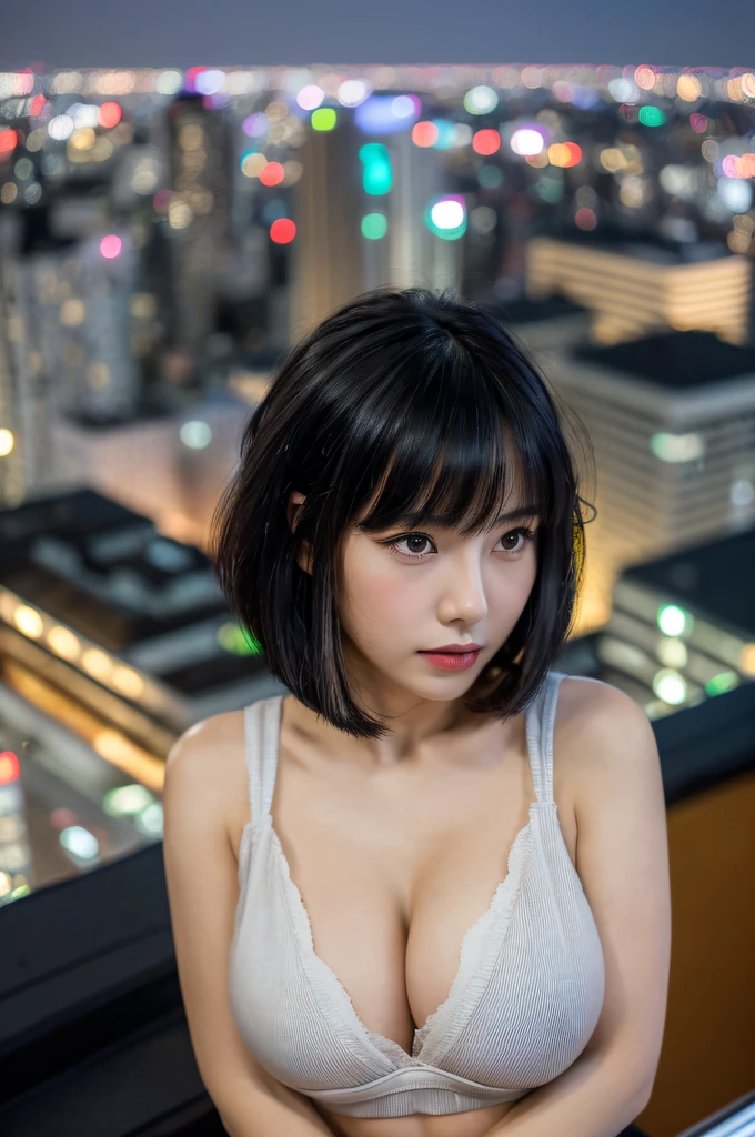 top-quality, 超A high resolution,ultra-detailliert,depth of fields,Highly detailed facial and skin texture,beautiful and detailed face, Beautuful Women,二重まぶた,girl with,beauty:1.4、s ass:1.2、((Black hair, Bangs,Layered Haircut、breastsout:1.4) large full breasts,girl with,K-Cup,Exposed cleavage,Her lips are beautiful and detailed,short curls,Perfect sleeveless shirt with the highest quality, jean shorts,Cityscape, Night, ((Night City View, On the rooftop:1.3))