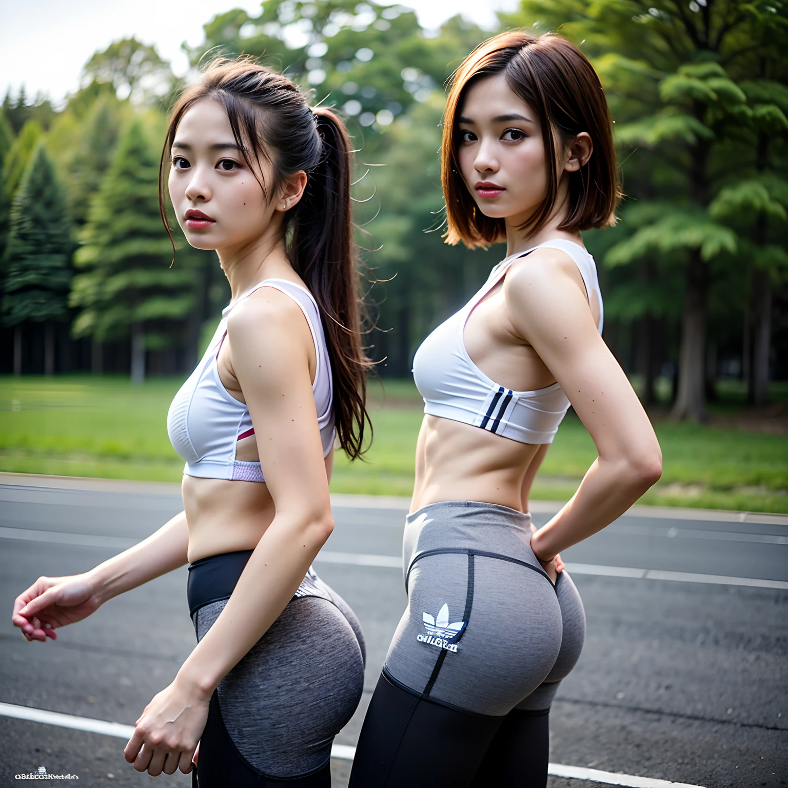 (2girls:1.2), (a detailed full-body RAW photo of a girl), (masutepiece:1.0), (Best Quality:1.4), (超A high resolution:1.2), (Photorealistic:1.4), 8K resolution, Canon EOS R5, 50mm, absurderes, ultra-detailliert, (25 year old), Sharp Focus, Cinematic lighting, Detailed beautiful face, (no-makeup:1.2), (ulzzang -6500-v1.1), petite figure, Detailed skin texture, flat chest, (skinny and fit body:1.6), Detailed brown hair, sweltering,(Very short hair:1.5), (Very thin fit black and white nike short tanktop:1.5), (tight mini skirts:1.5), (See-through:1.5), realistic glistening skin, (Sweating:1.4), detailed texture, (Japan athletes:1.5), (flat chest:1.5), (nobra:1.5), (Erect nipples:1.4), (Wet body:1.4), (wet uniform:1.5), (Stick out buttocks and look back:1.5), (Skin color seen through panties:1.4), (hip fourcus:1.3), (suntan:1.5), (nsfw:1.5), (rain:1.3)
