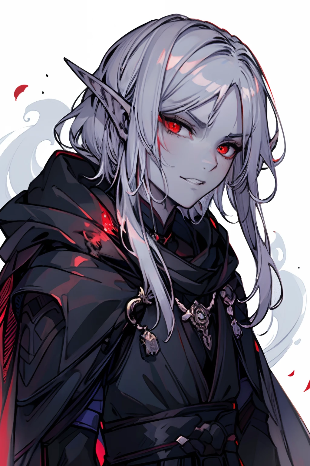 Best Quality, 8K, Masterpiece: 1.3, Clear Focus: 1.2, red-eyes, hairlong, light grey hair, In a black robe, tmasterpiece, beste-Qualit, 独奏, Ashen skin, sharp ears, Drow the Dark Elf, A smirk on his face,