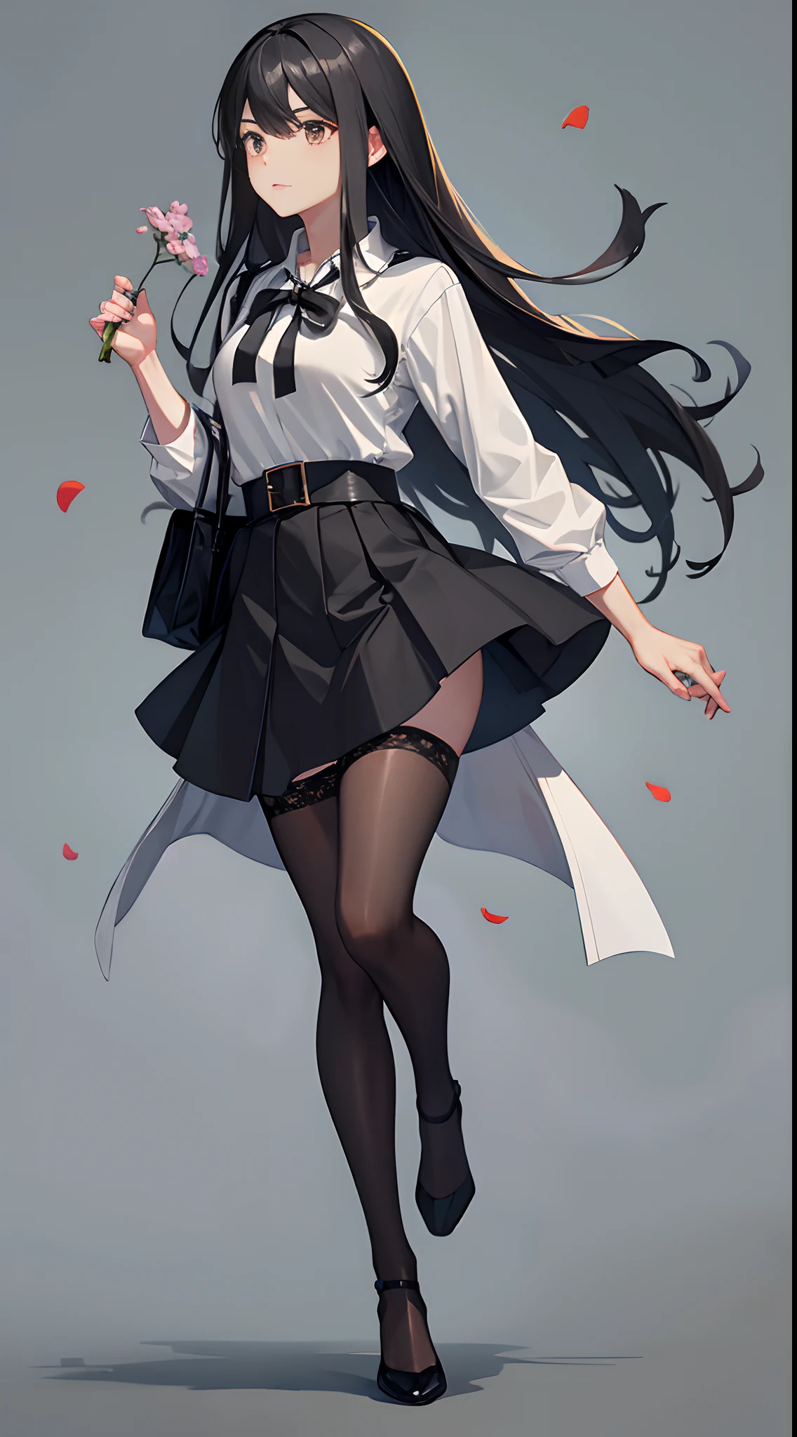 No background，The girl with long black hair is standing，No shoes on，White shirt，black short skirt，black lence stockings，Flowers in hand