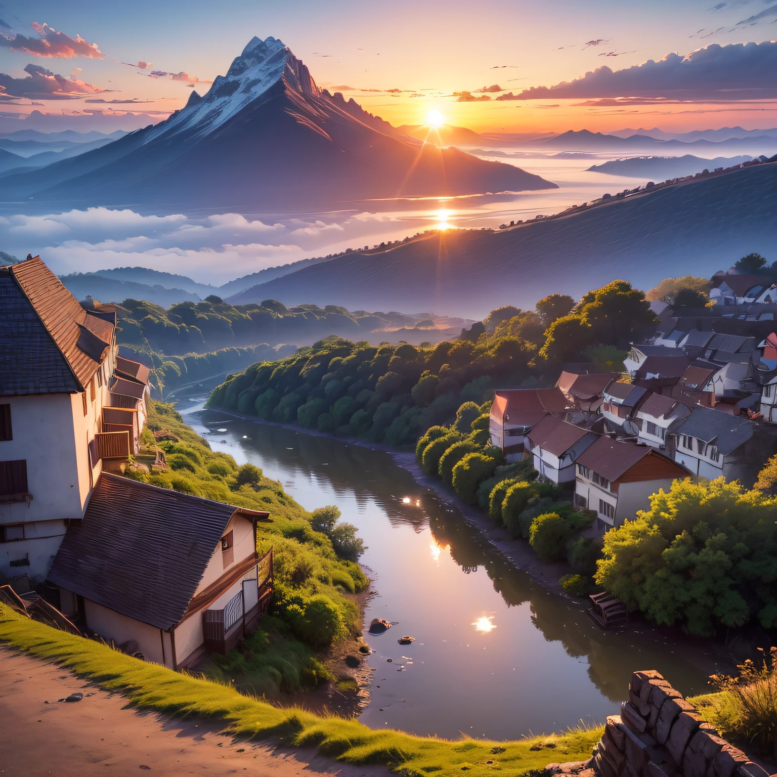 ((Good morning)) Sunrise, Village, Amazing view, 8K, hyper HD,