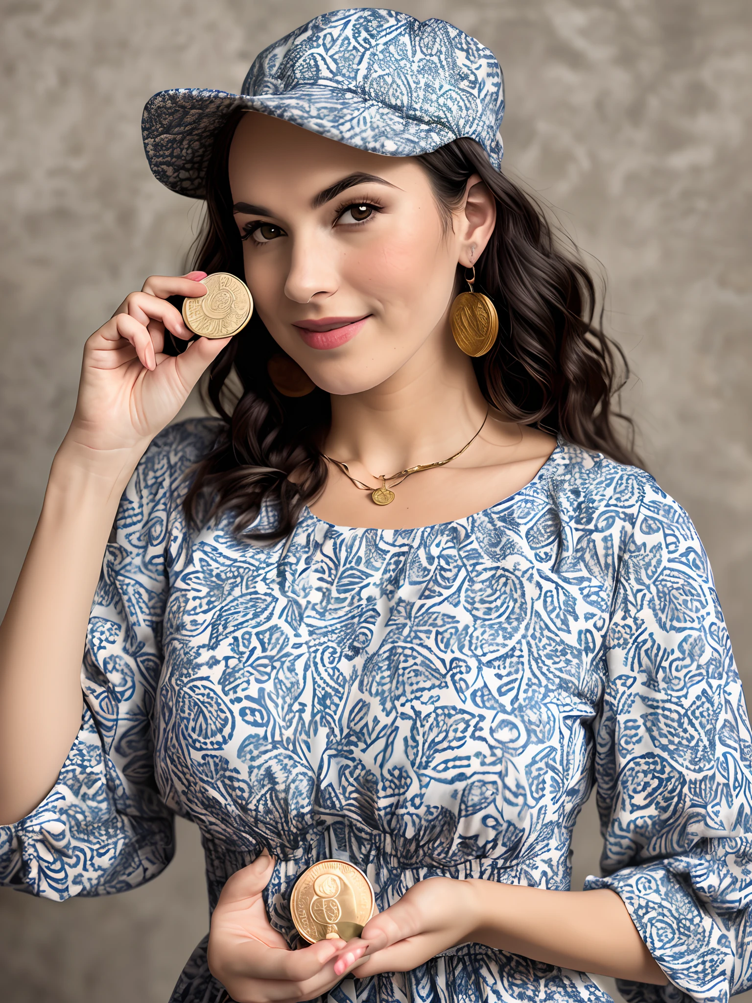 erotic woman in cap patterned dress holding a chia coin in her hand in a flowing dress