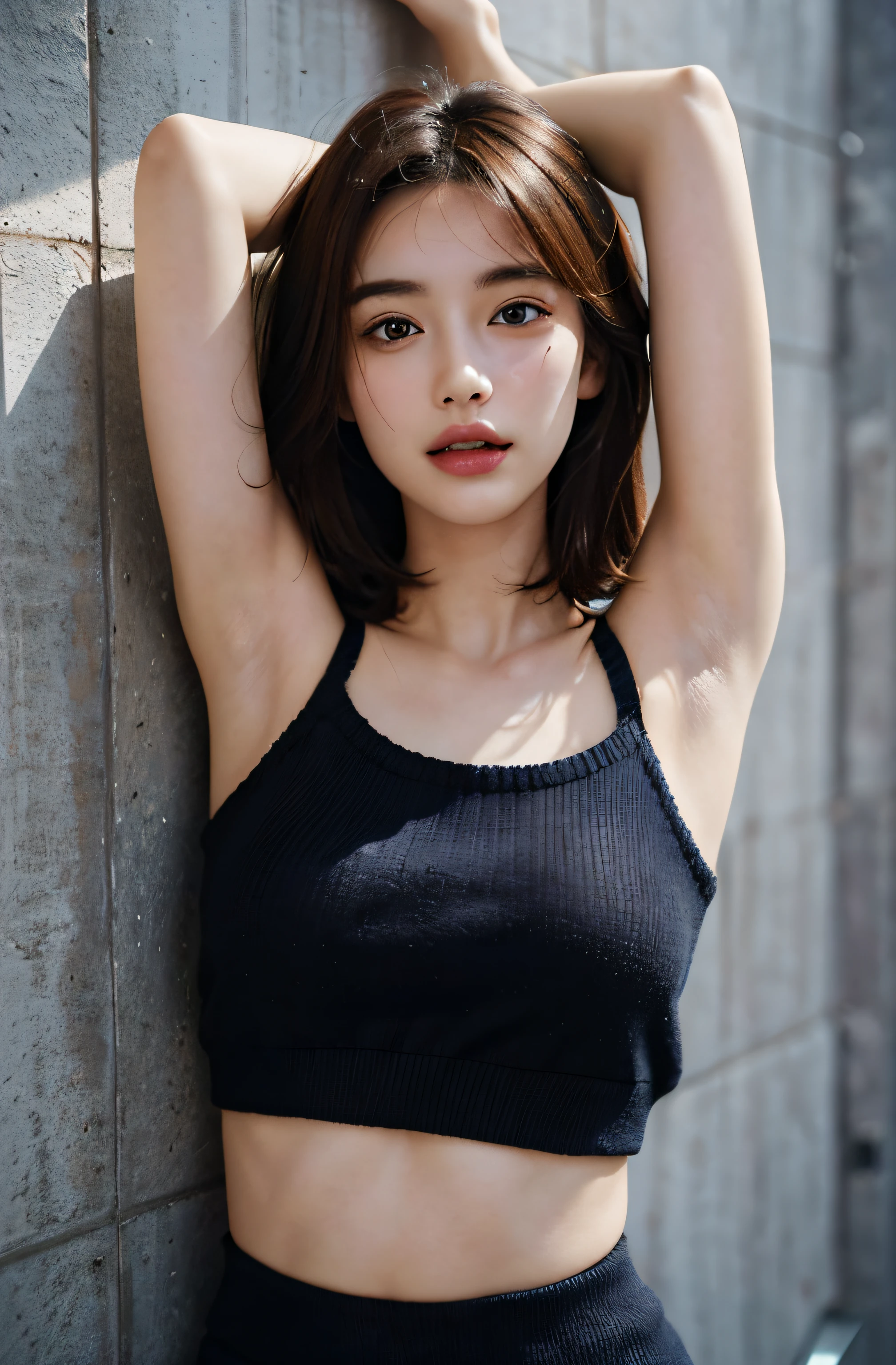 (Show underarms、A hyper-realistic、Armpit、Detailed armpit wrinkles、Detailed armpit pores、Black armpit skin、Black underarms), (illustratio), (hight resolution), (8K), (ighly detailed), (The best illustrations), (armpit pose、beatiful detailed eyes), (top-quality), (ultra-detailliert), (masterpiece), (wall-paper), (详细的脸), 18 year old girl,Show beautiful armpits,Brown hair,Short or medium hair,Upper body only,Girl in dark blue sweater without sleeves, japanes,