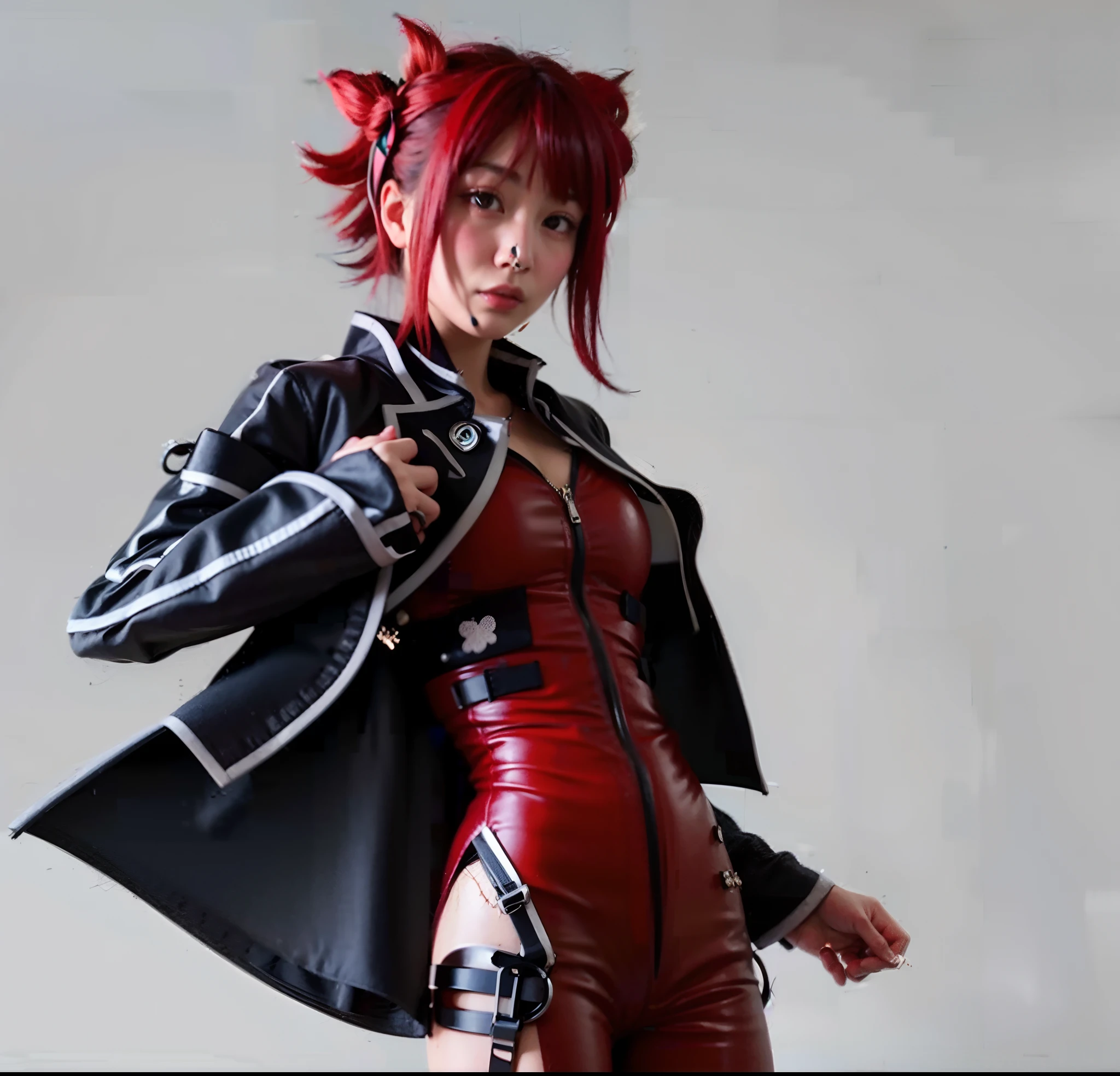 personagem feminina japonesa, cabelos vermelhos, Red headband with black brodas, Red leather jumpsuit with black and grey details, casaco de couro preto com detalhes cinza, luvas de couro vermelhas