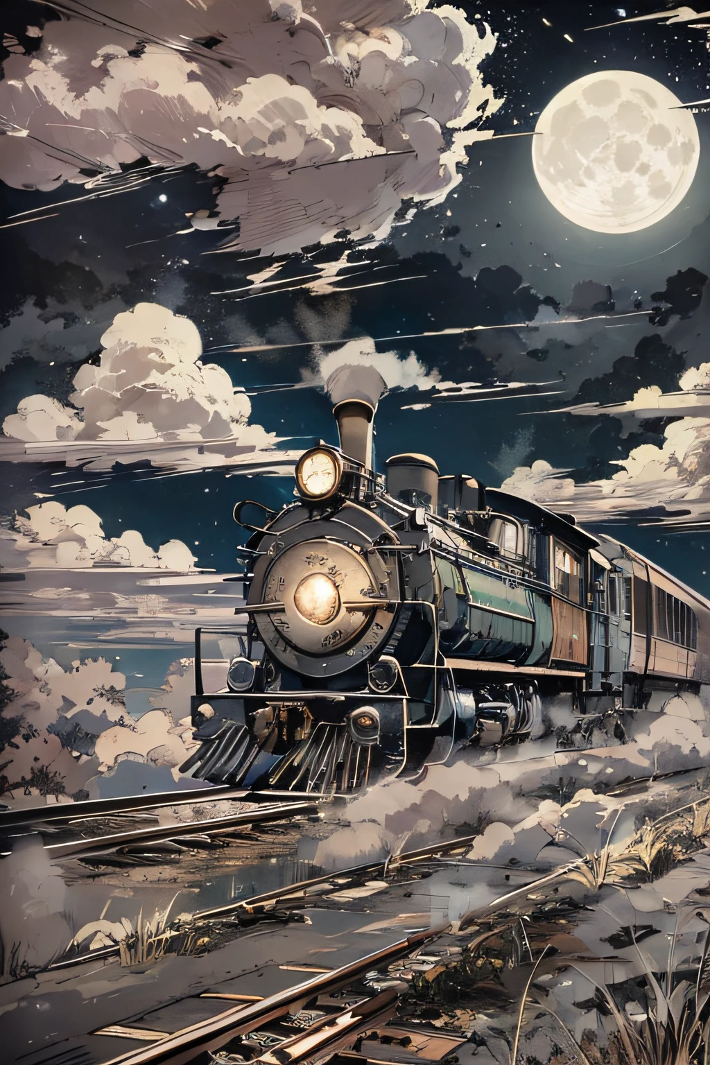 Smoke in the center of the locomotive、headlight、Japan countryside、cinematic scenery、Guibli、large moon、Clouds,masutepiece,Best quality,Sketch style、