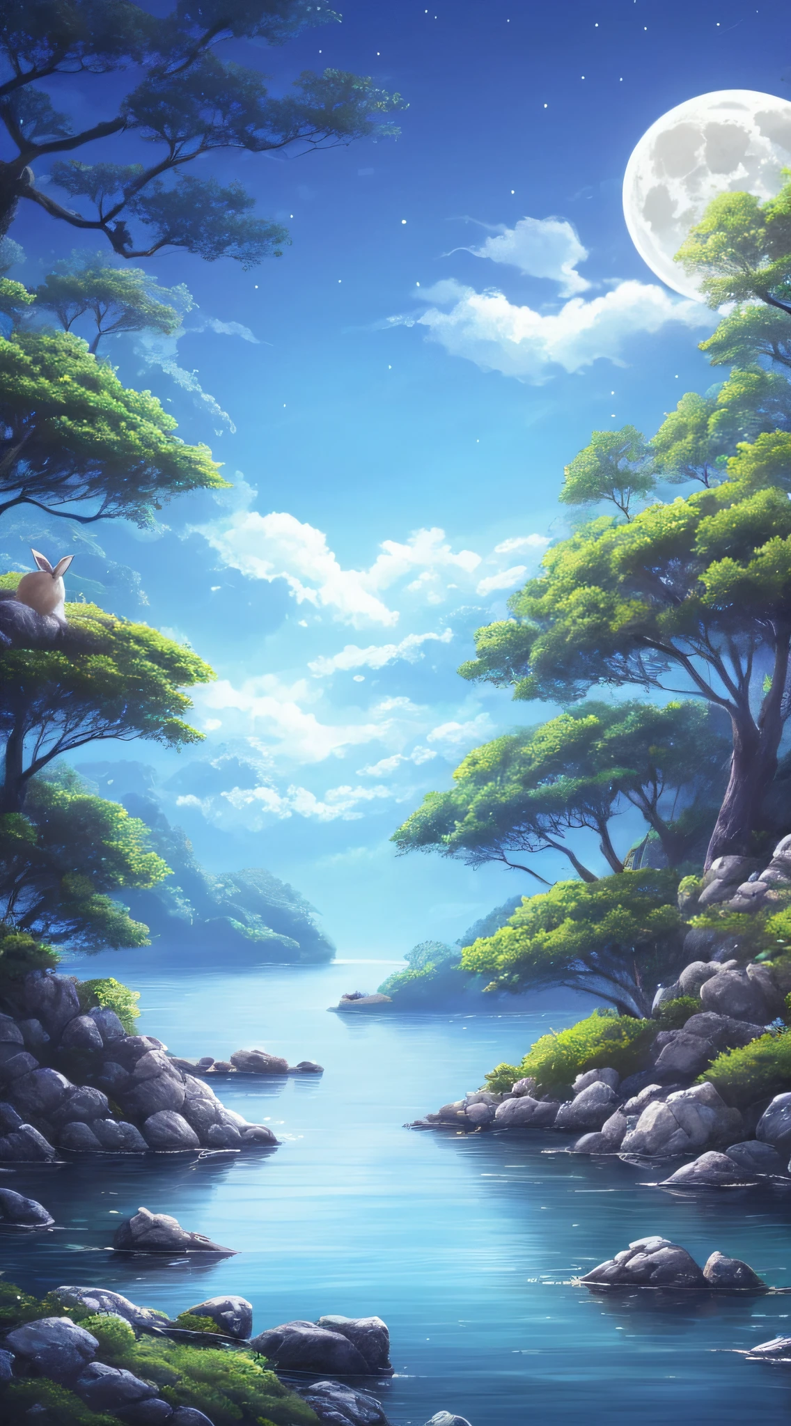 There are two rabbits sitting on rocks close to bodies of water, A beautiful artwork illustration, anime beautiful peace scene, 4 k hd wallpaper illustration, a forest with bunnies, Beautiful art UHD 4 K, Anime fantasy illustration, 4 k hd illustrative wallpaper, serene illustration, dreamlike illustration, fantasy matte painting,Cute, anime landscape wallpapers, whimsical fantasy landscape art,Moon HD soft