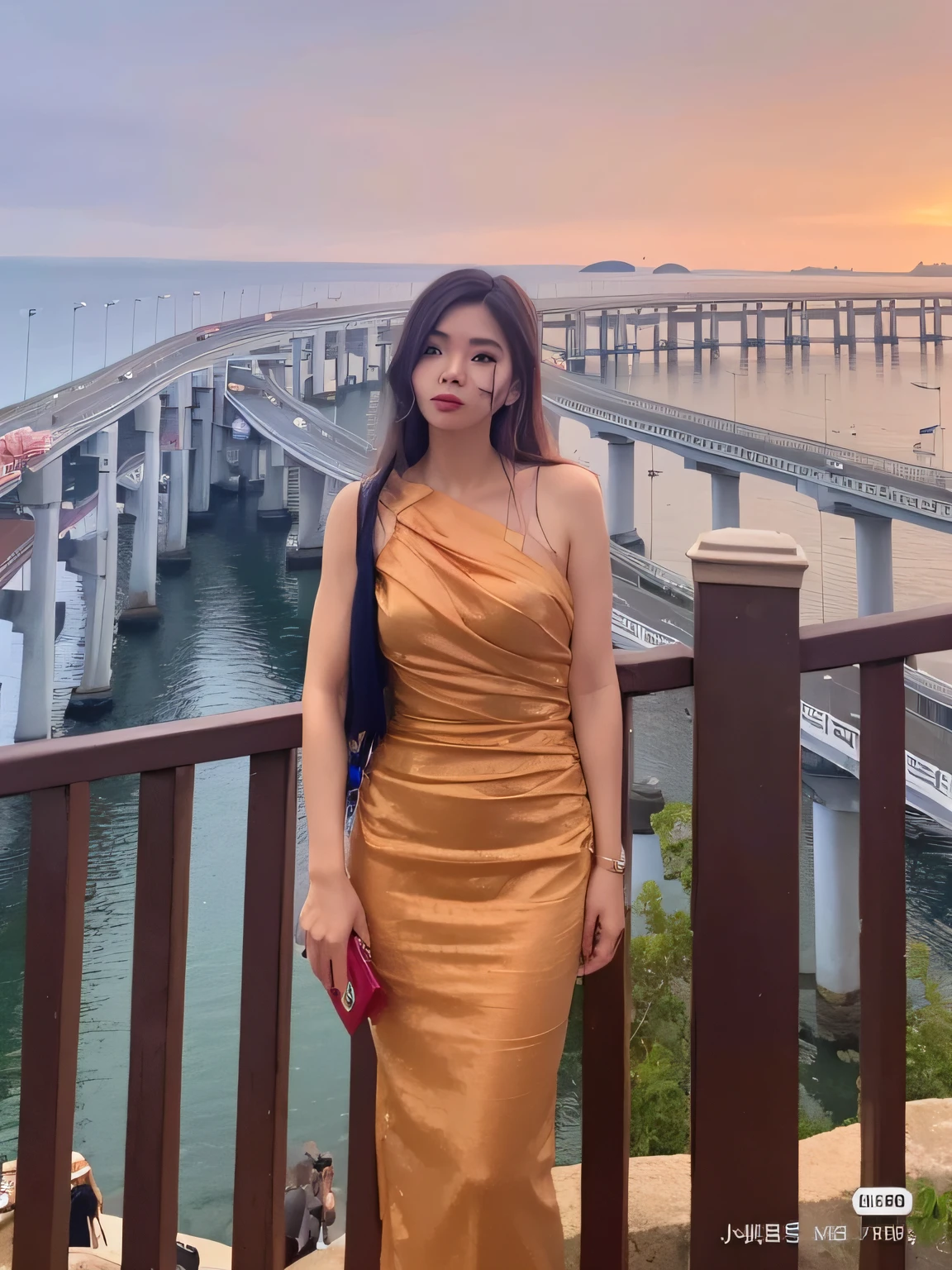 Woman in long dress standing on balcony overlooking a bridge, Dressed in elegant dresses, wearing long gown, late sunset, cindy avelino, With sunset, wearing evening gown, Long dress, inspired by Tang Di, soft silk dress, Wearing a long dress, inspired by Kim Du-ryang, prime time, inspired by Xie Sun, Wearing a gorgeous dress