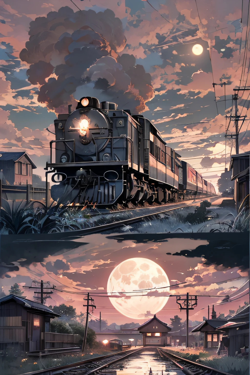There was smoke in the center of the locomotive、headlight、Japan countryside、cinematic scenery、Guibli、large moon、Clouds,masutepiece,Best quality,Sketch style、