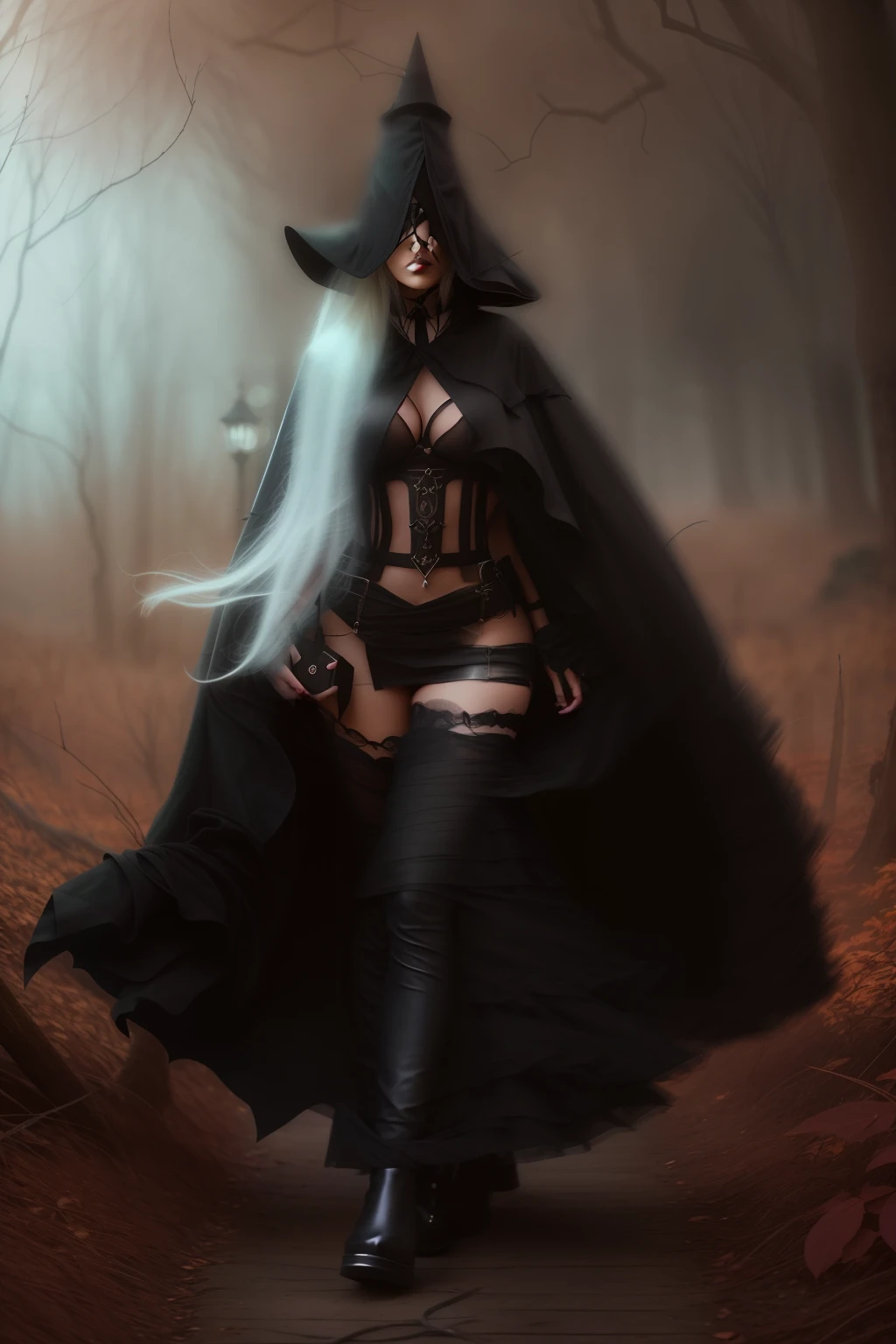 a woman in a witch costume and black hat walking through a forest, fashionable dark witch, witchy clothing, dark witch, beautiful dark elf countess, seductive cyberpunk dark fantasy, fantasy outfit, dark robed witch, witch clothes, dark elf maiden, a beautiful sorceress, with a long black cape, dark sorceress, witch woman, beautiful witch female