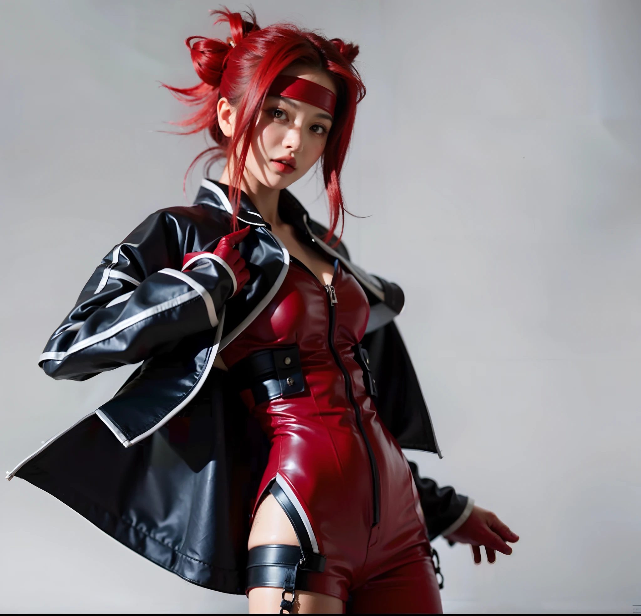 Japanese female portrait, long neon red hair, cute, intimidating, small body, red leather corset, realistic cinematic 8k top body, red background, grumpy lighting, --auto --s2