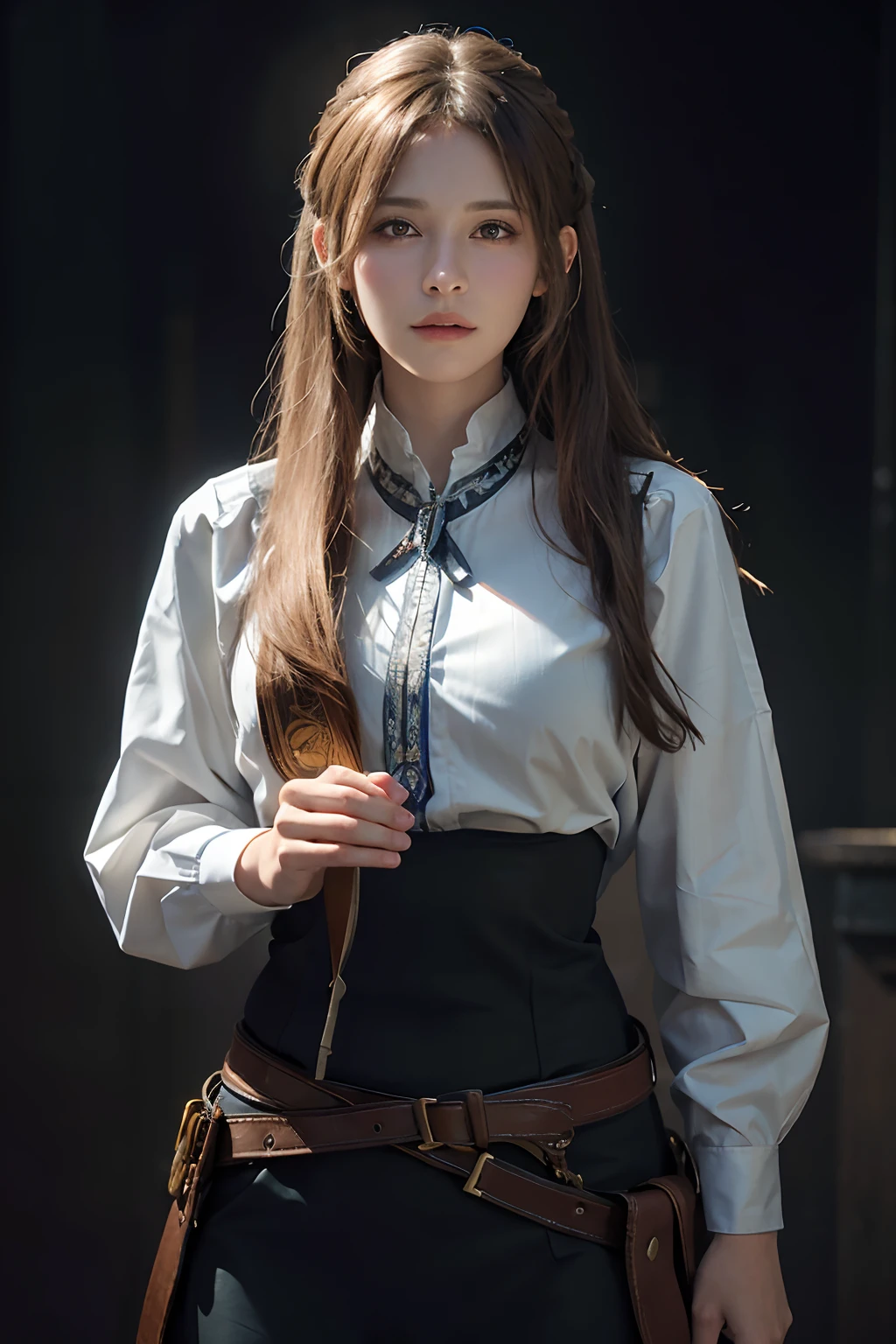 Hyperrealist portrait of female by david hockney and alphonse mucha,fantasy art, photo realistic, dynamic lighting, artstation, poster, volumetric lighting, very detailed faces, 4 k, award winning,, 1girl, in the dark, deep shadow, low key,cowboy shot,(official clothing:1.4) ,long hair,white hair,