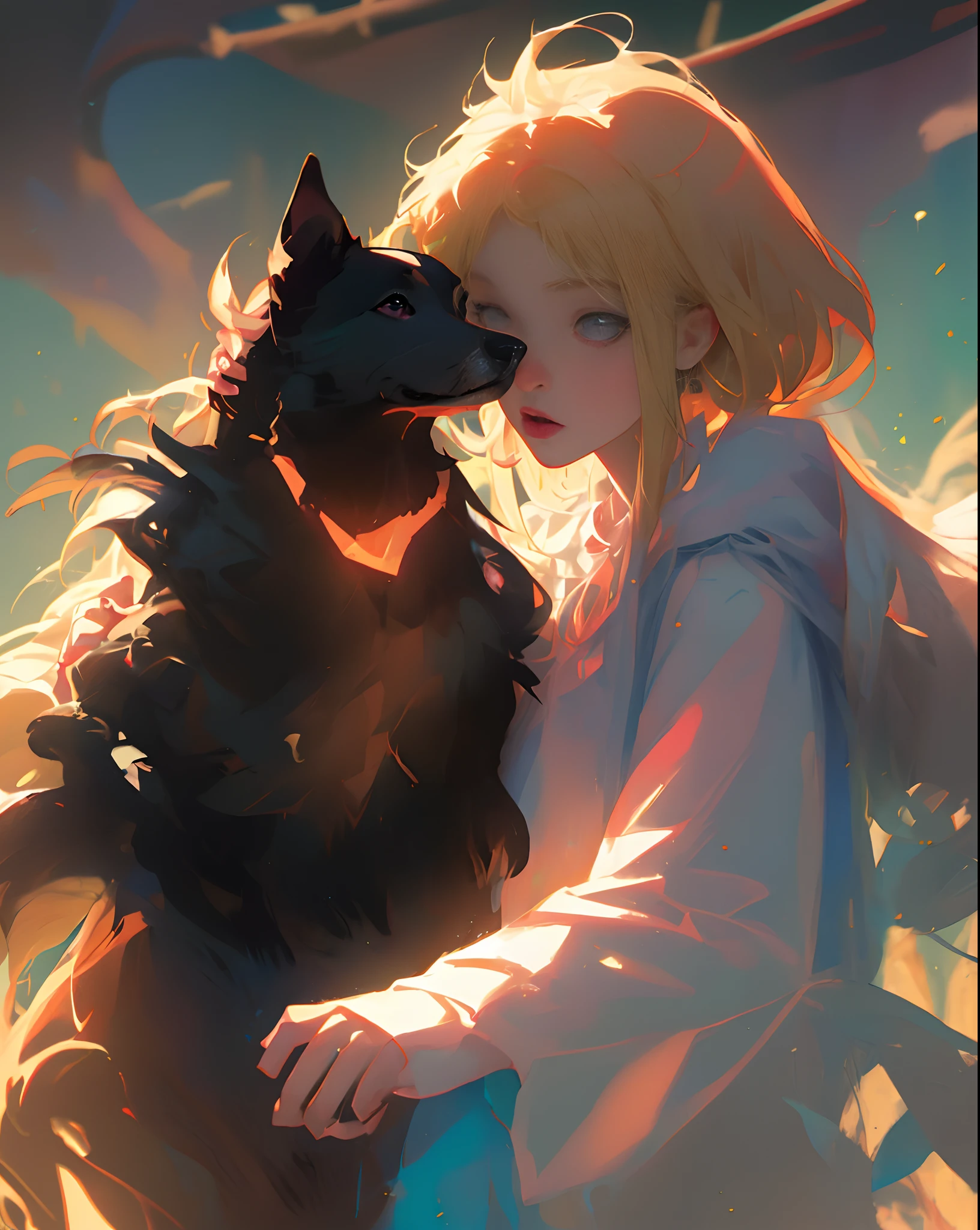 Blond anime girl witch with black and white dog who can teleport from another dimension