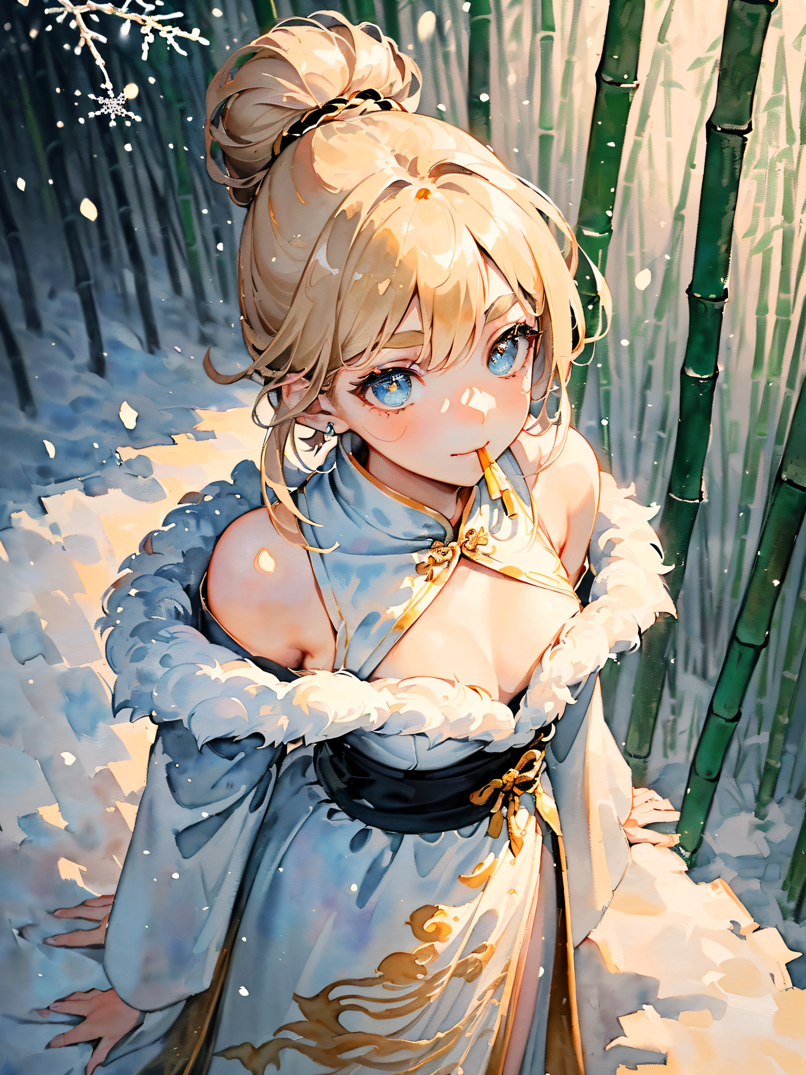 (((samurai hairstyle:1.2,)))(((((((Chinese ink painting，watercolor paiting,bamboo forest background,rich background,Light interlaces light and dark，snowing,Snowflakes in the sky，Romantic，))))))((((female face,confident smile,adorable ,cute,kawaii)))),(((dragon pupils:1.2,blush stickers,v shaped eyebrows,streaked cyan hair，fox fur cuffs,White mink coat:1.2，off shoulders,hair in mouth,)))((1lady,amazing,races of mixing korean lady and Saudi Arabia lady，rosto magro，Solo,))(Masterpiece,Best quality, offcial art, Beautiful and aesthetic:1.2),((超高分辨率,Golden ratio,)) (hrs,HD,16k),((from above，milf，busty body,detailed oil painting,)),{{sophisticated watercolor}},(Physically-based rendering),Amazing,Sharp focus, (((highdetailskin,))),Intricately detailed clothing,Lying silkworm eyebrows，long eyebrows,Delicate pupils,danfeng eye,((((detailed hair,short hair|Undercut|High top knot|Voluminous updo|small ponytail)))),Slender,(masterpiece sidelighting),(The sheen),(beautiful hair,beautiful eyes,）[[Delicate fingers and hands:0.55]::0.85],(Detail fingers),(((Superior quality,)))),((unbelievable Ridiculous,)),((extremely_Detailed_Eyes_and_face)),Movie girl,(Dynamic configuration: 1.2),Brilliant,Glossy, (Photorealistic:1.2), The light from the back window is backlighted,mitts, ((hairpin)),golden earrings, Light particles petals, Side Rock,Graceful maxi dress, two-sided fabric