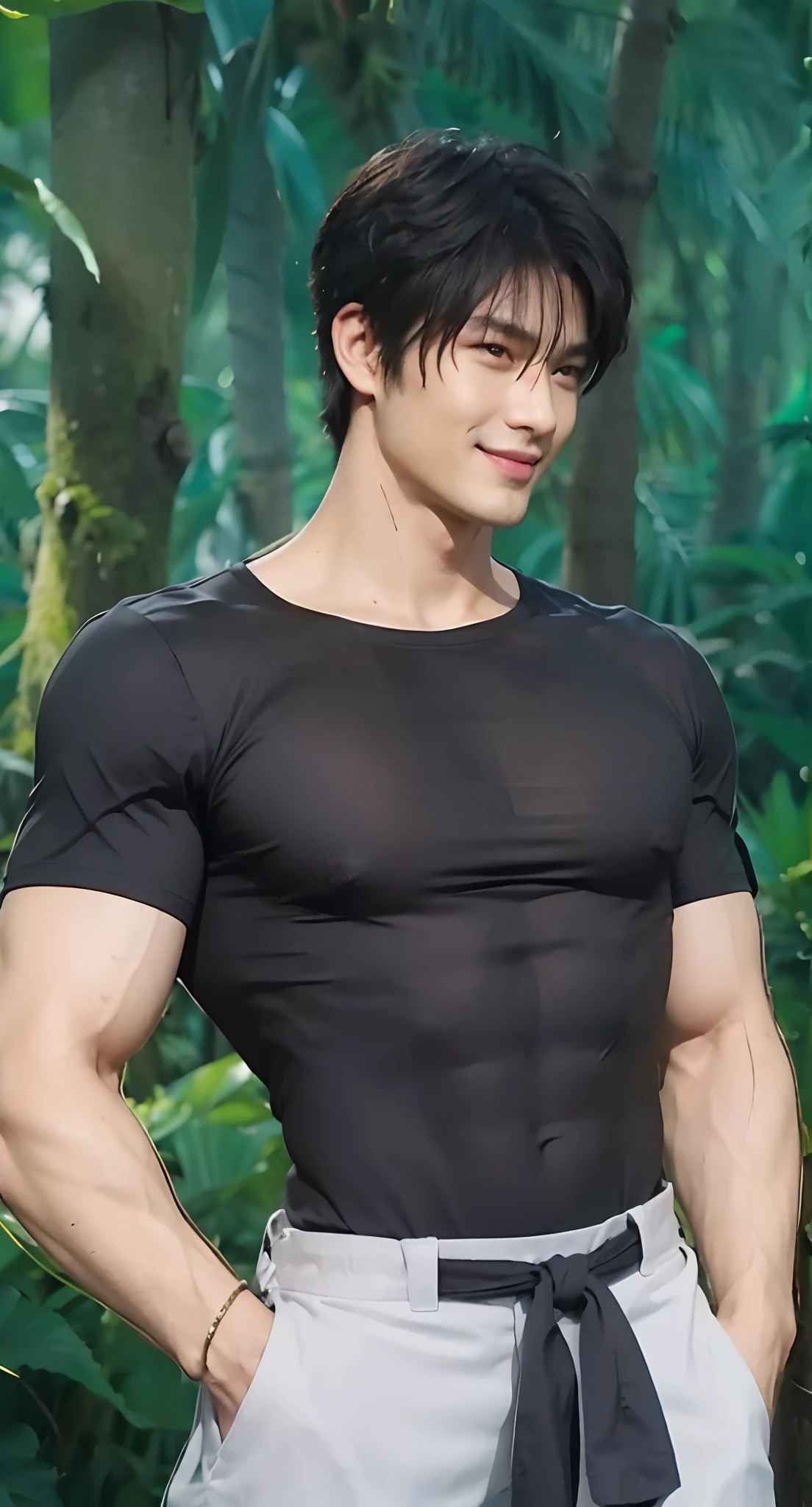 Real life adaption of this character, adult handsome face,smiling evil expression,((looking to viewer)),realistic same hairstyle black color,realistic jungle with many grass background, hyper realistic, realistic light, realistic shadow, realism,(photorealistic:1.2), (realistic same outfit Tight men's t-shirt), muscular man body