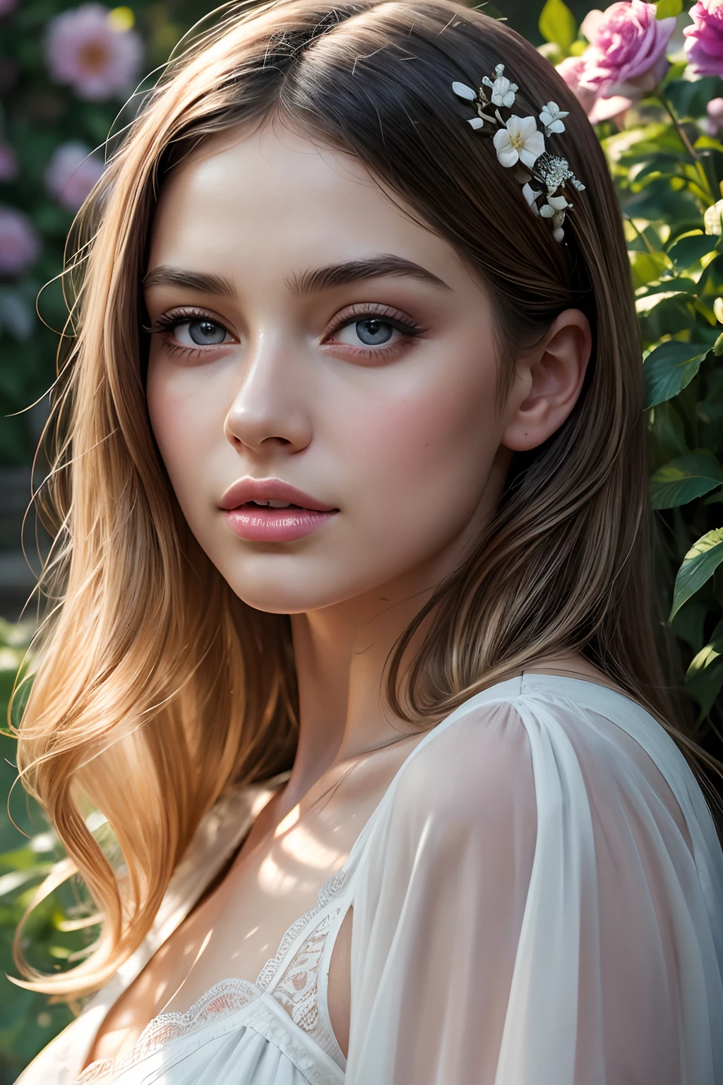 A girl in a garden,illustration,beautiful detailed eyes,beautiful detailed lips,extremely detailed eyes and face,long eyelashes,ultra-detailed,photorealistic:1.37, HDR,UHD,studio lighting,ultra-fine painting,sharp focus,physically-based rendering,extreme
