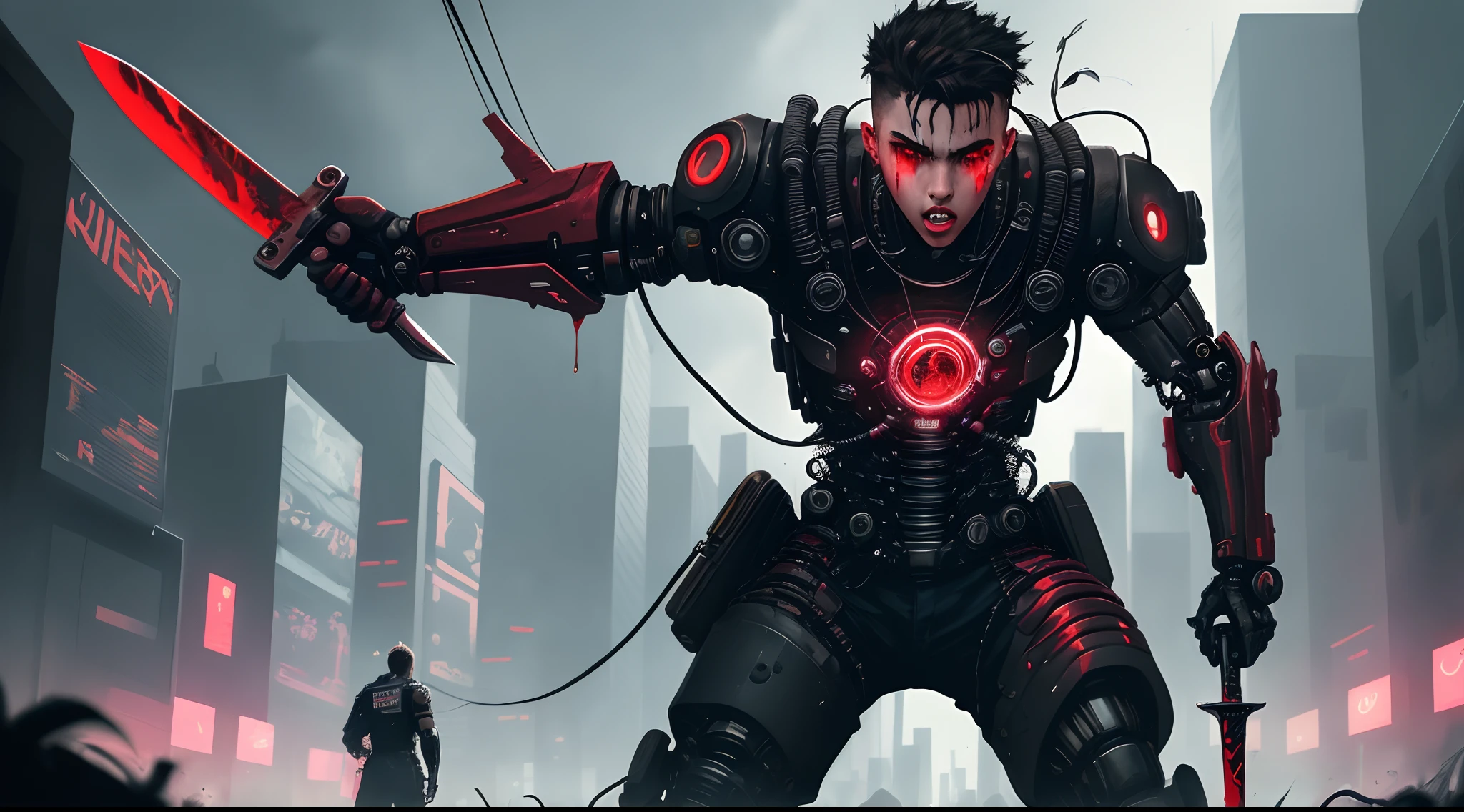 A male ager made into a cybernetic weapon with blade arms. Cyberpunk. Gritty stylistic comic book. Black and red. Bloody dripping sword arms wires
