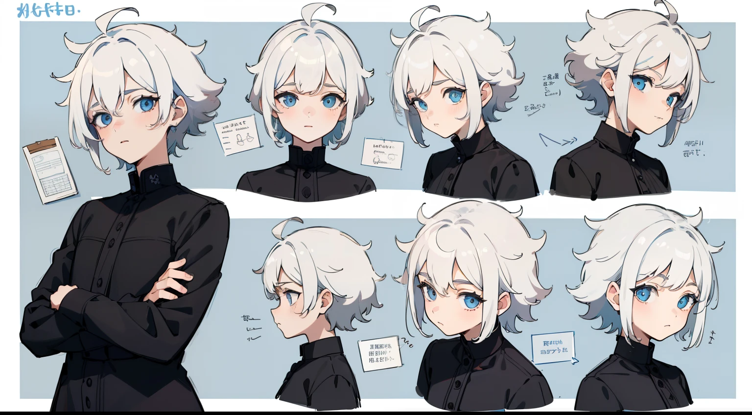 ((Masterpiece, Highest quality)), Detailed face, character sheets, full bodyesbian, 1boys,shoun,children's,Babe, Blue eyes, White hair, short detailed hair, Messy hair, , hair between eye,Black loose blouse, Full of details, Multiple poses and expressions, Highly detailed, Depth, Many parts