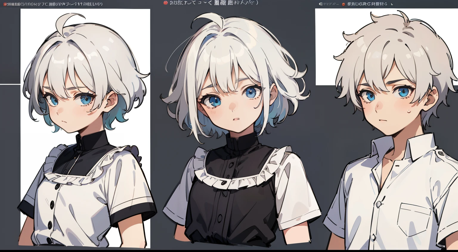((Masterpiece, Highest quality)), Detailed face, character sheets, full bodyesbian, 1boys,shoun,children's,Babe, Blue eyes, White hair, short detailed hair, Messy hair, , hair between eye,Black loose blouse, Full of details, Multiple poses and expressions, Highly detailed, Depth, Many parts