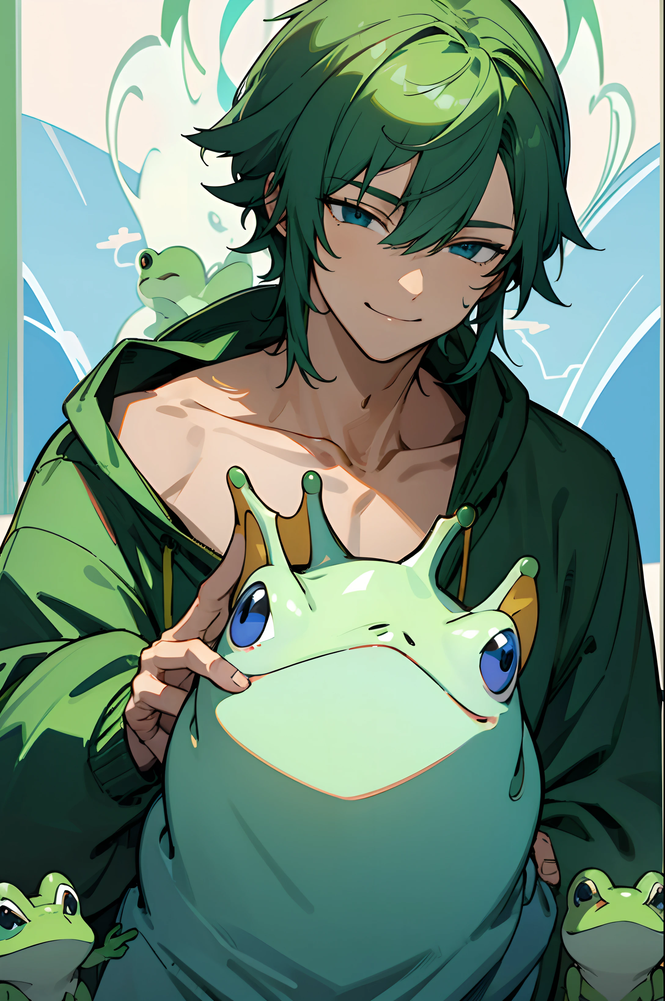 Handsome boy,Green hair,blue eyess,Frog Hoodie,A smile