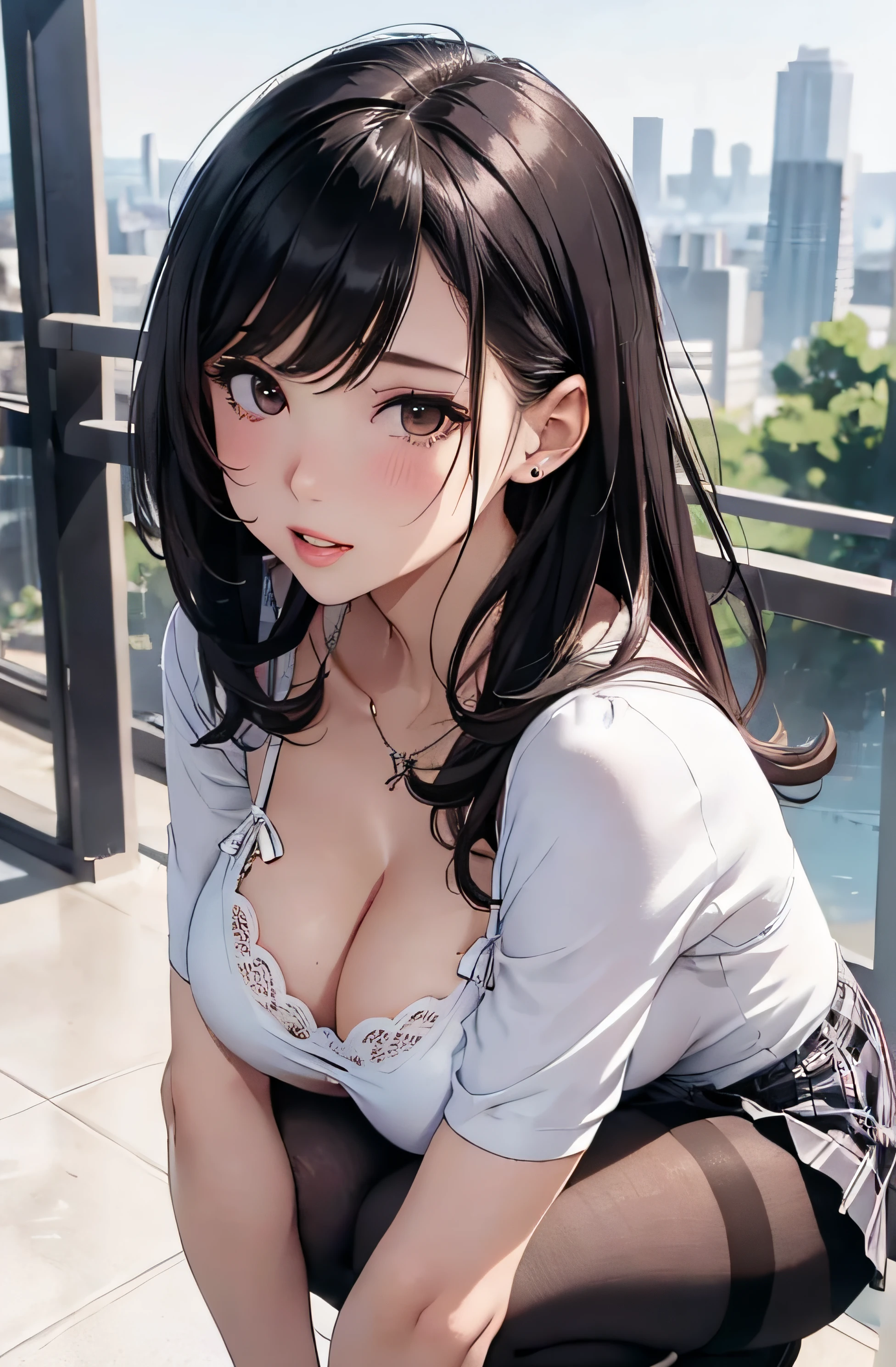 girl in summer clothes, white tight plaid dress, squatting on the ground, black pantyhose or long stockings, making as if she wants to kiss you, view from the viewer, medium breasts, cleavage, cityscape, flirtatious look, ((very detailed)), (perfectly detailed face), (well detailed hand) photorealistic image.