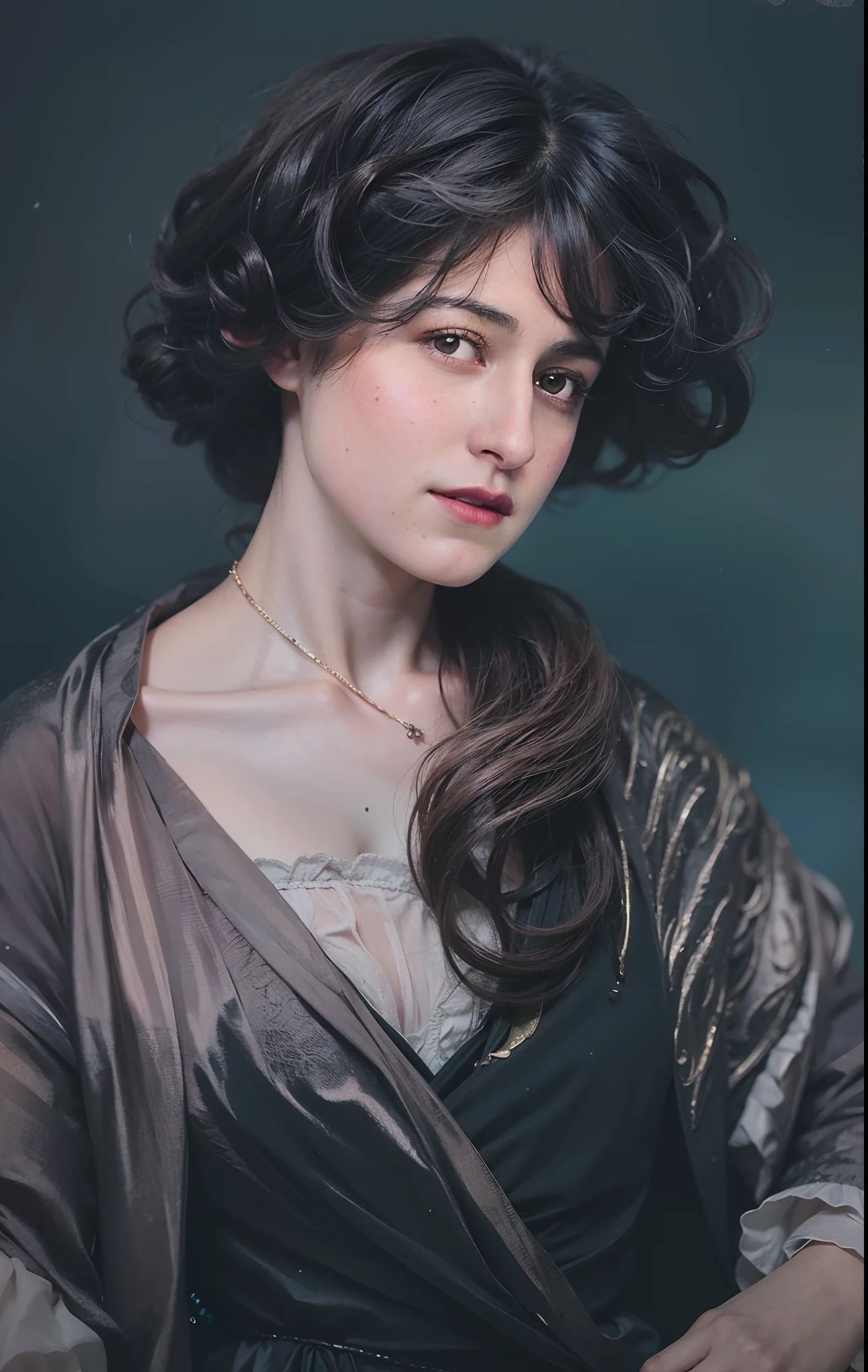 painting of a woman with a black dress and a necklace, art nouveau portrait, hyperrealistic art nouveau, inspired by Théodore Chassériau, color portrait, inspired by Gaston Bussière, in the art style of bowater, inspired by Alexandre Cabanel, victorian female portrait, beautiful portrait of a woman, inspired by Ivan Kramskoi, 8k portrait, detailed intricate fabric texture, (charcoal black theme:1.3), spiral patterns, body freckles, bright, high quality image, masterpiece, detailed hair texture, detailed skin texture, detailed cloth texture, 8k, add fabric details, ultra detailed skin texture, ultra detailed photo, skin pores, cloth details, high skin details, realistic hair details, (8K, RAW photo, best quality, masterpiece:1.2), (realistic, photo-realistic:1.4), ultra-detailed (grainy:0.2)