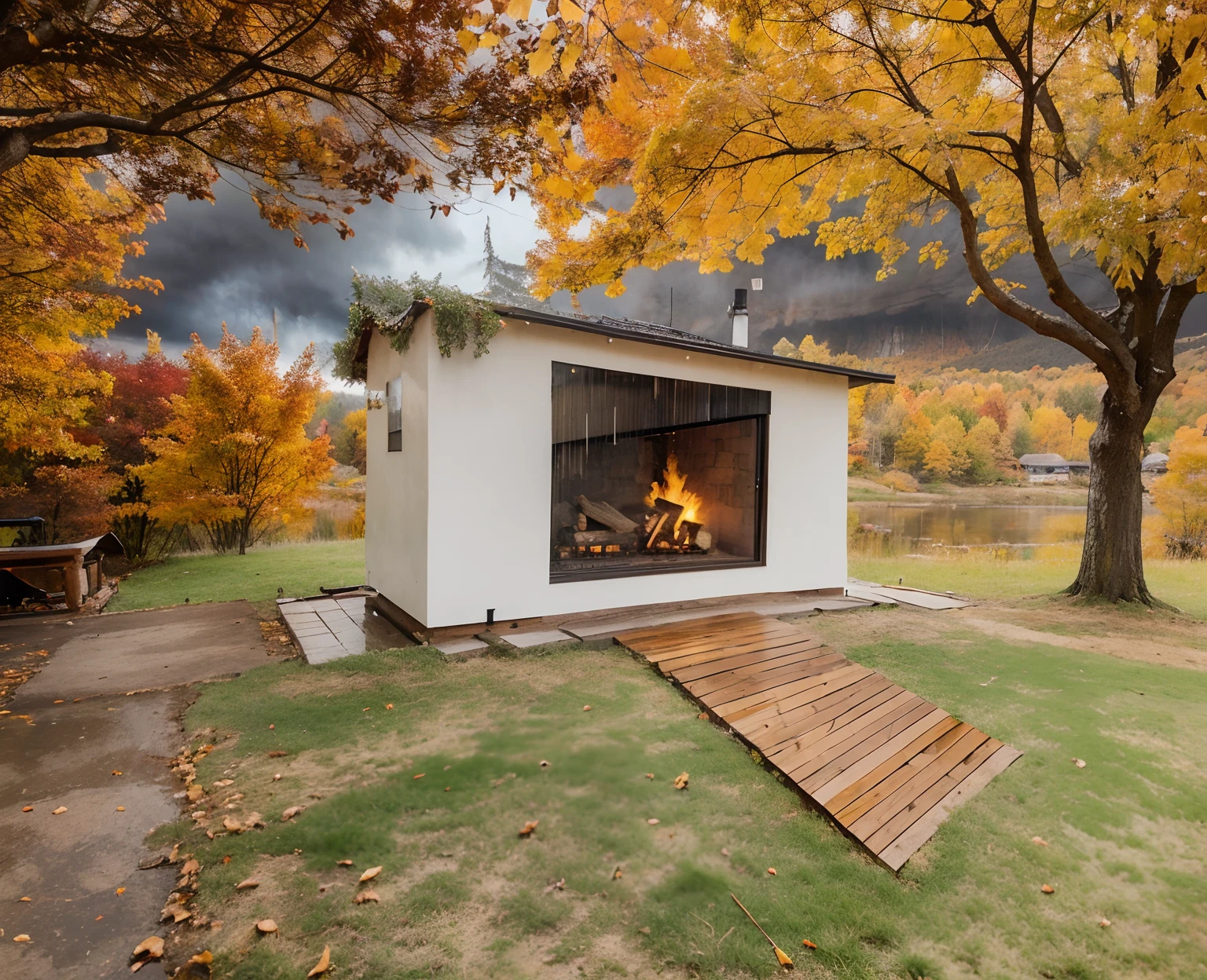 a cozy hut with a fireplace in wooden place, in a autumn ambience, in a cloudy rainy day , theres a lake aside, and autumn trees
