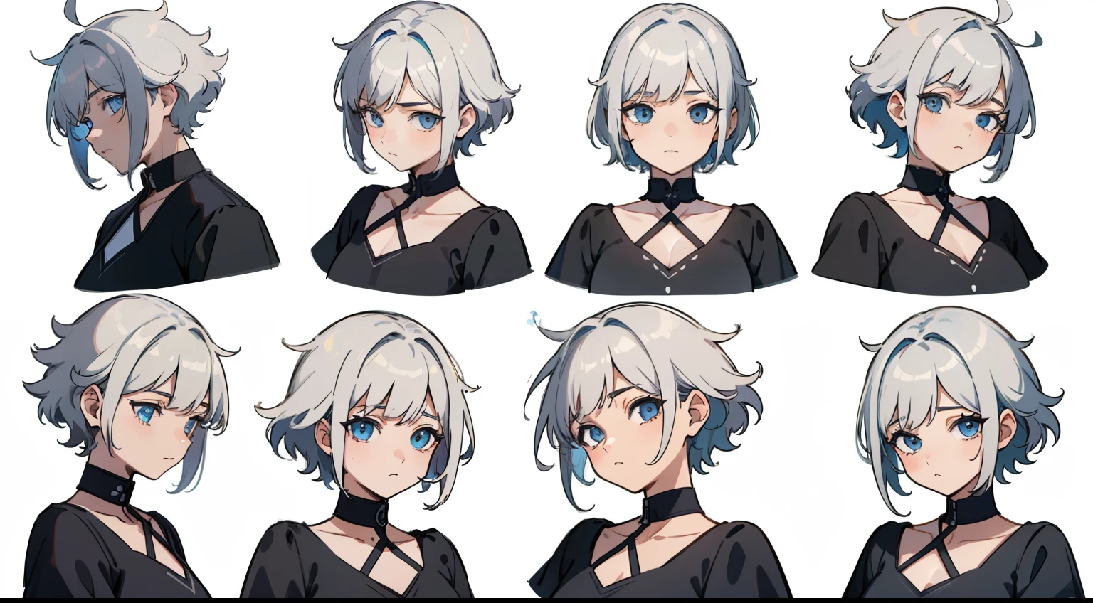 ((Masterpiece, Highest quality)), Detailed face, character sheets, full bodyesbian, 1boys,shoun，children's，Babe， Blue eyes, White hair,  short detailed hair， Messy hair, , hair between eye,Black loose blouse, Full of details, Multiple poses and expressions, Highly detailed, Depth, Many parts