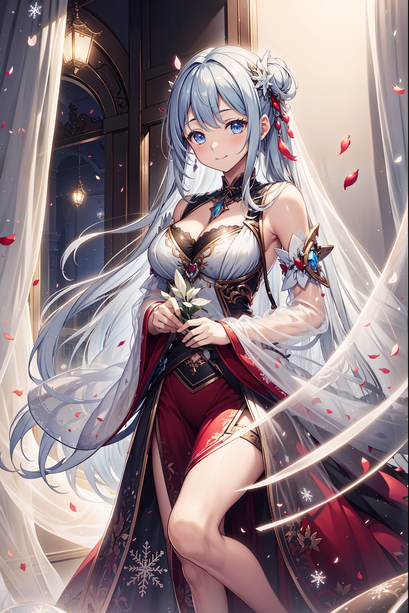 solo person,the night,inside in room,is shy,Happy expression,saintess,See-through Pajamas,see-through sleeves,Enchanted,Petal edges,adolable,Light colors,gentleness,Snowflake decoration,extremely detailed CG 8k wallpaper,best qualtiy,tmasterpiece,A high resolution