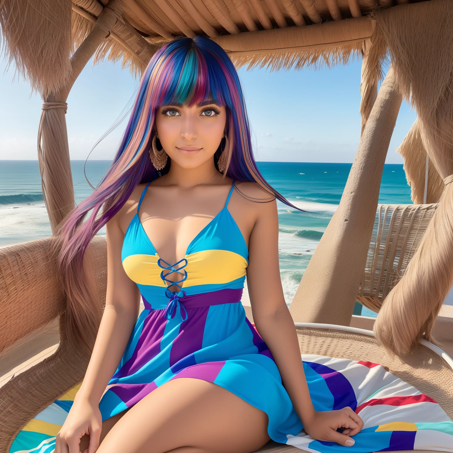An 23-year-old woman, ojos azules, vestido corto multicolor, pechos desnudos, cabello largo rubio, en un departamento lujoso con Vista al mar.