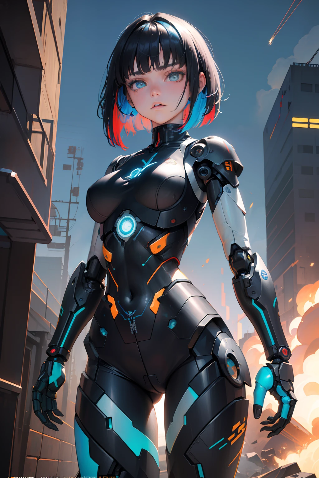 ((Full body):1.5), Only one ((woman+cyborg):1.5), with black mecha clothing with white parts, extremely tight on the body, ((extremely large and hard breasts):1.2), she has ( short mohawk pink hair and blue eyes):1.2), ((blood all over body)1.2), doing erotic pose, looking at viewer, little smile, she is in a futuristic headquarters with ((5 robots+red+dinosaurs with parts in black)1;2) behind her looking at her.