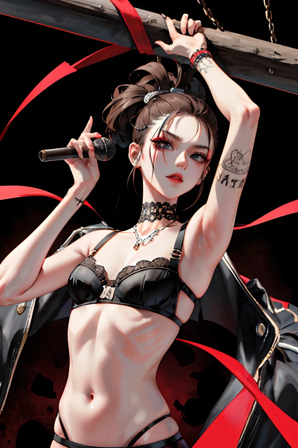 (masuter piece:1.2、top-quality)、(Live action、Intricate details)、(1lady、独奏、The upper part of the body、Small) garments: Edgy、Avant-garde、Experimental appearance: Shaved head or bold brown hair color、Dramatic makeup、Unconventional fashion choices behavior: Rebel、Anti-system、Provocative Location: urban art district、Underground Music Scene Hobbies: Take part in punk shows、Create mixed media art、Experiment with different subcultures values: individuality、authenticity、Creative Expression Inspiration: Punk rock music、Counterculture icons、avant-garde art movements Personality traits: boldness、boldness、Unconventional。Fluffy clothes、Embarrassed face、Spread your legs wide、Embarrassed face、Black String Panty Bra、stockings、both feet、