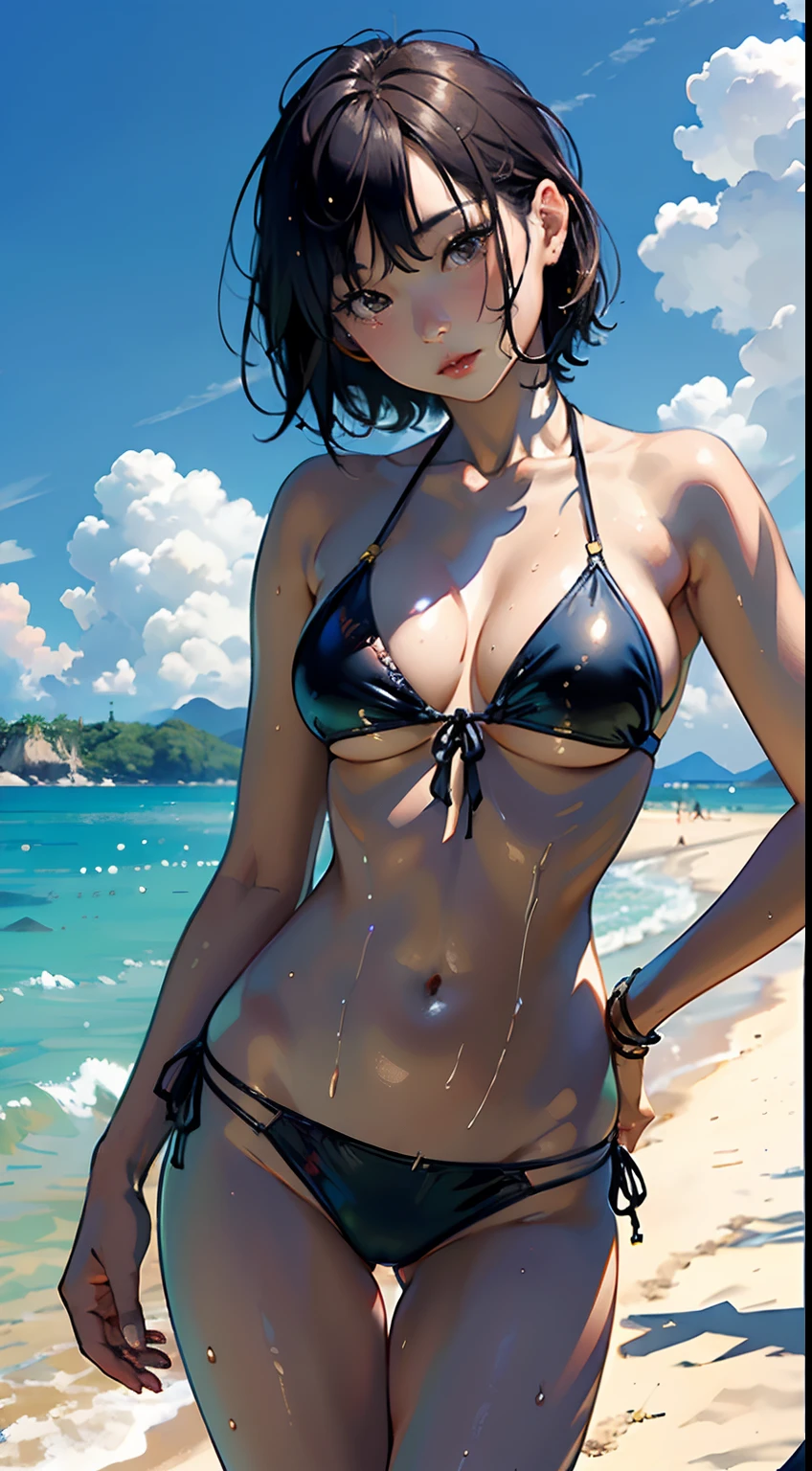 ((top-quality, masterpiece, hight resolution)), ((Realisticity)),Photo of Pretty Japanese woman, 1girl in, cute face,Medium short hair, The bikini, Realistic skin、neat figure、Wet,Full body,No zoom,No closeup,ciinematic light、softlight、in beach、Blur the background、