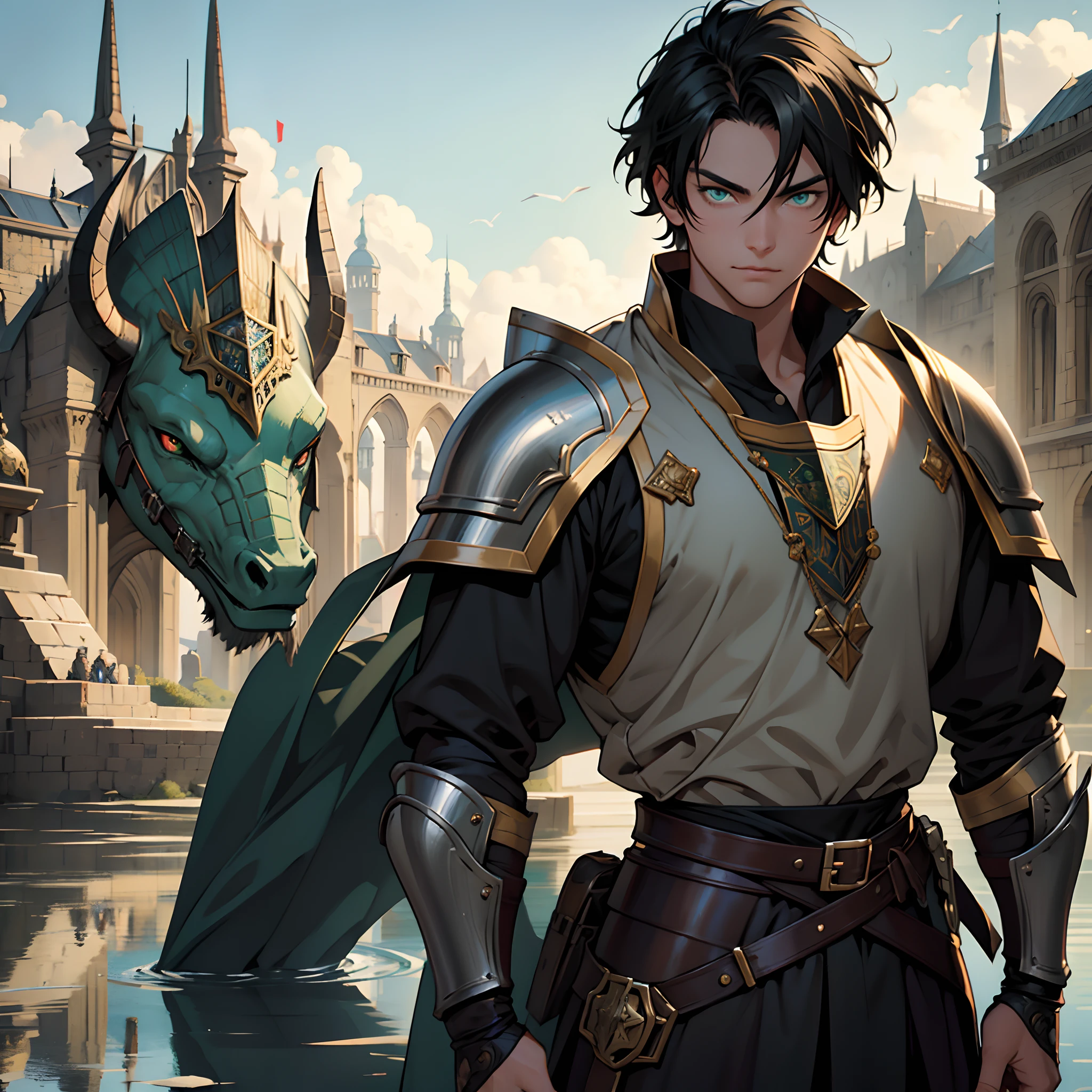 black hair, masculine man, short hair, straight hair, bright green eyes, reflection in the eyes, medieval armor, teenager, eight years old, Palace Environment, beautiful appearance, anatomically correct, masterpiece, super detail, high quality, best quality
