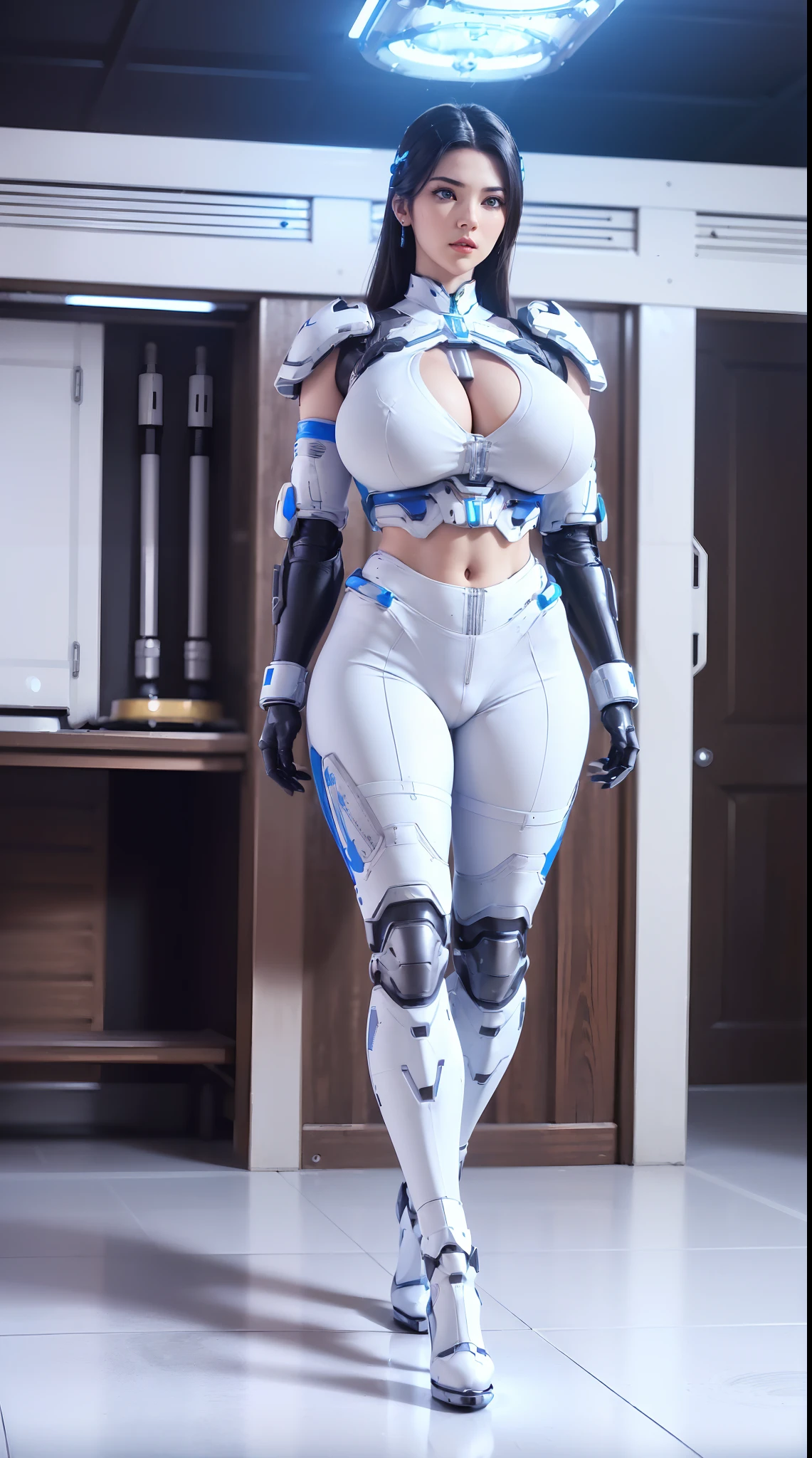 (1GIRL,SOLO:2), (super detailed face), ((BIG BUTTOCKS, HUGE FAKE BREASTS:1.5)), (CLEAVAGE TOP:1.5), (MUSCLE ABS FEMALE:1.4), (MECHA GUARD ARM:1.4), ((WEAR BLUE WHITE OVERWATCH MECHANICAL ARMOR CROP TOP, BLACK MECHANICAL SKINTIGHT SUIT PANTS, MECHA GUARD ARMOR LEGS, HIGH HEELS:1.5)), (LEWD VOLUPTUOUS BODY:1.3), (GLOSSY SKIN:0.8), (LONG LEGS, FULL BODY:1.1), (LOOKING AT VIEWER:1.3), (female focus:0.886), (WALKING DOWN HALLWAY OF FUTURISTIC SPACE STATION:1), (BRIGHT LIGHT WHITE_ROOM:1.3), SUPER TEXTURE, UNREAL ENGINE RENDER, PHYSICALLY-BASED RENDERING, ULTRA HIGHT DEFINITION, 16K, 1080P.