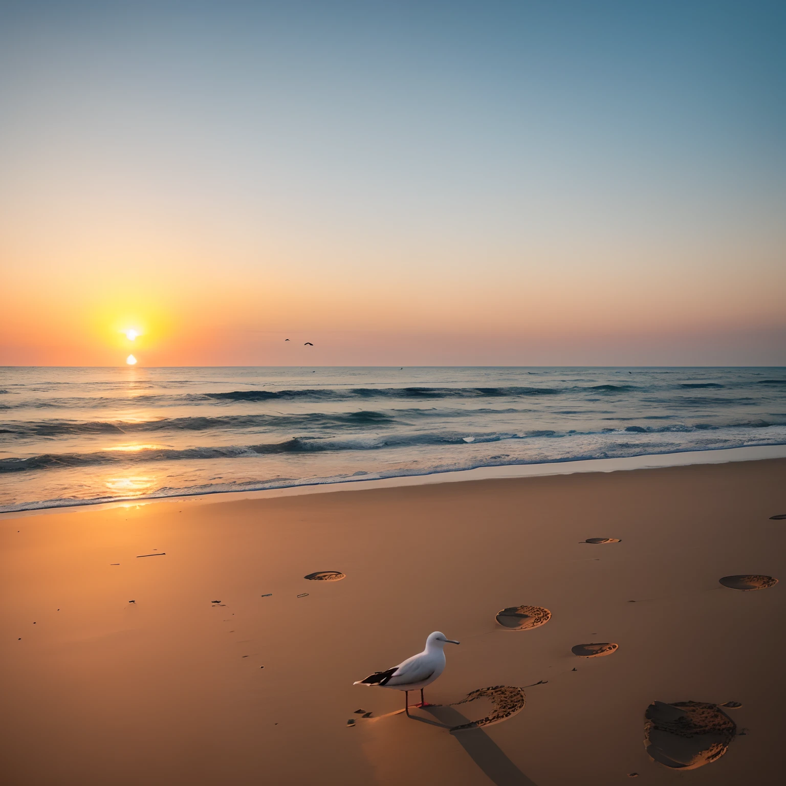 Capture the serene essence of nature with a solitary seagull on the beach at sunset, as the gentle waves kiss the sand. Convey the feeling of freedom and tranquility that the scene evokes