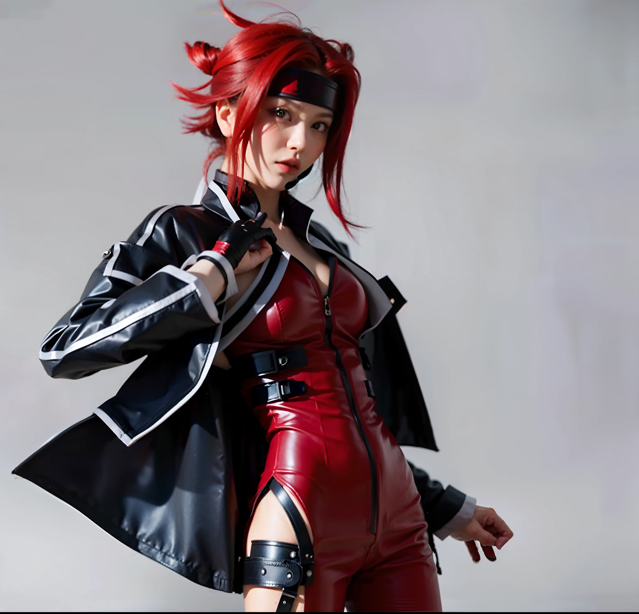 personagem feminina japonesa, cabelos vermelhos, Red headband with black brodas, Red leather jumpsuit with black and grey details, casaco de couro preto com detalhes cinza, luvas de couro vermelhas