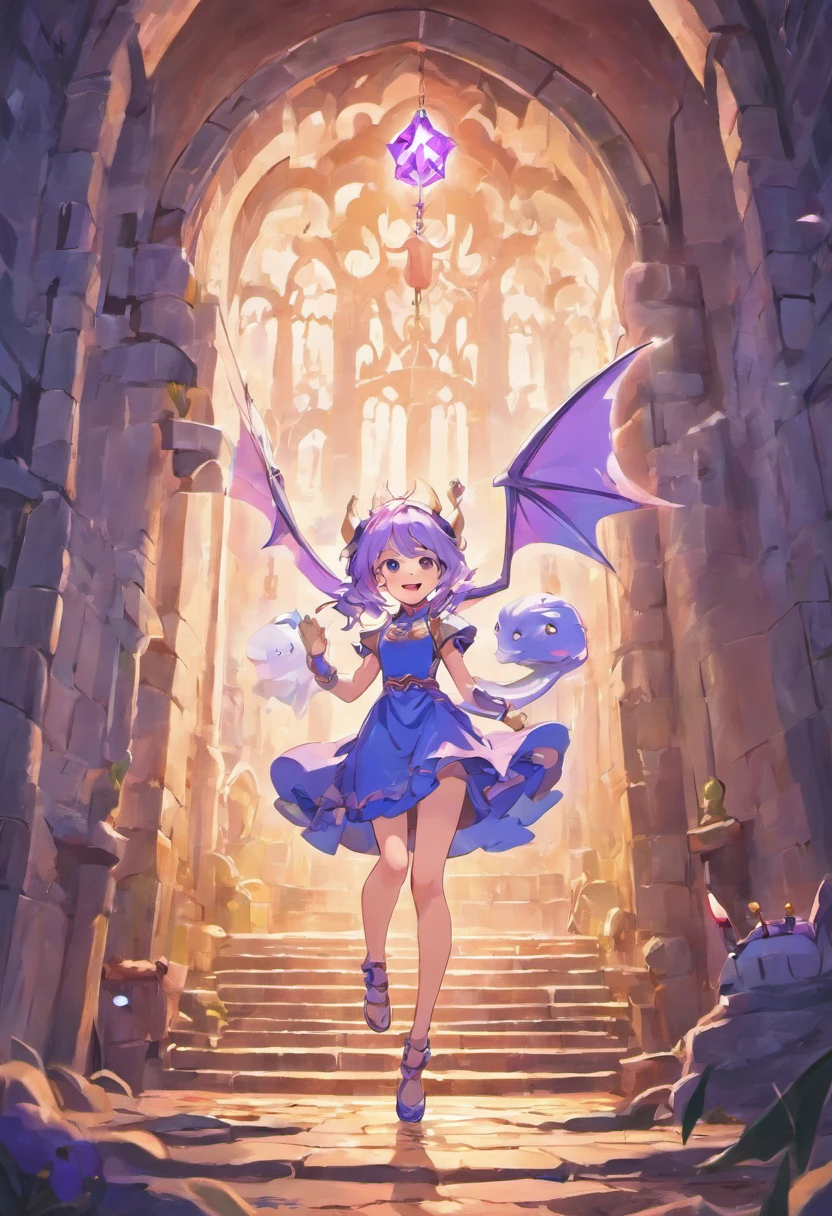 Smiling light purple stuffed dragon in a castle playing in a field and a little fairy approaching flying