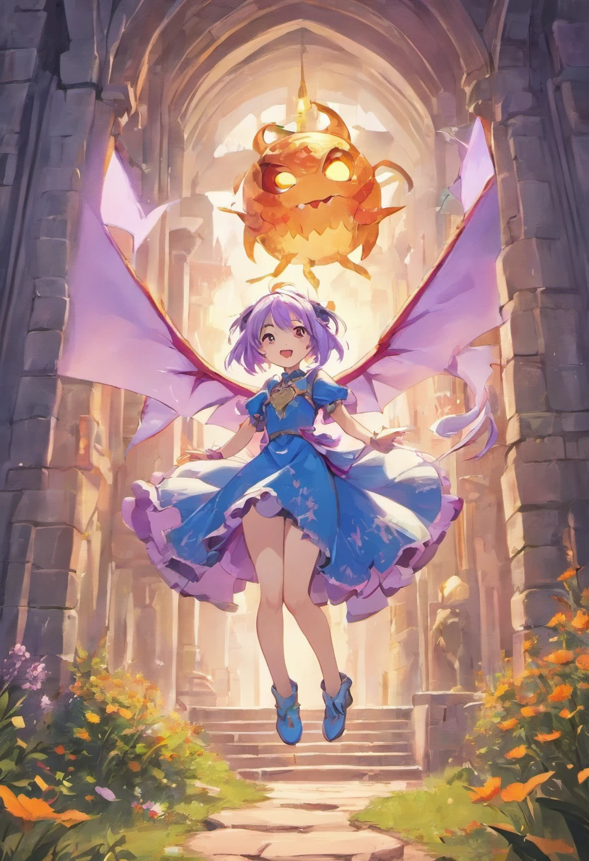 Smiling light purple stuffed dragon in a castle playing in a field and a little fairy approaching flying