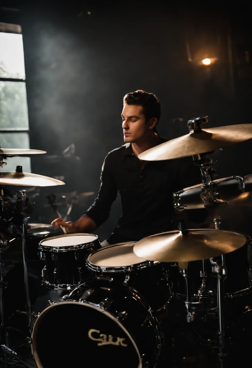 baterista tocando bateria em uma sala de tijolos com uma parede de tijolos, tocando bateria, baterista, random artist, bateria, Directed by: Robbie Trevino, music being played, by Amelia Peláez, mid riff, Directed by: Byron Galvez, hard lighting!, nostalgic vibes, tom sombrio, Tomada com Canon 8 0 D, hard lighting, miles johnstone, focus on the musicians. Adolescente de corpo definido, soio, Drumsticks in your hands, cabelos grisalhos, mechas de cabelo em tom verde musgo, short hair, ((blusa social de cor preta , long black and gray pants)), , serious look, olhos de cor castanho, ancient ruins, colar dourado dentro da camiseta.