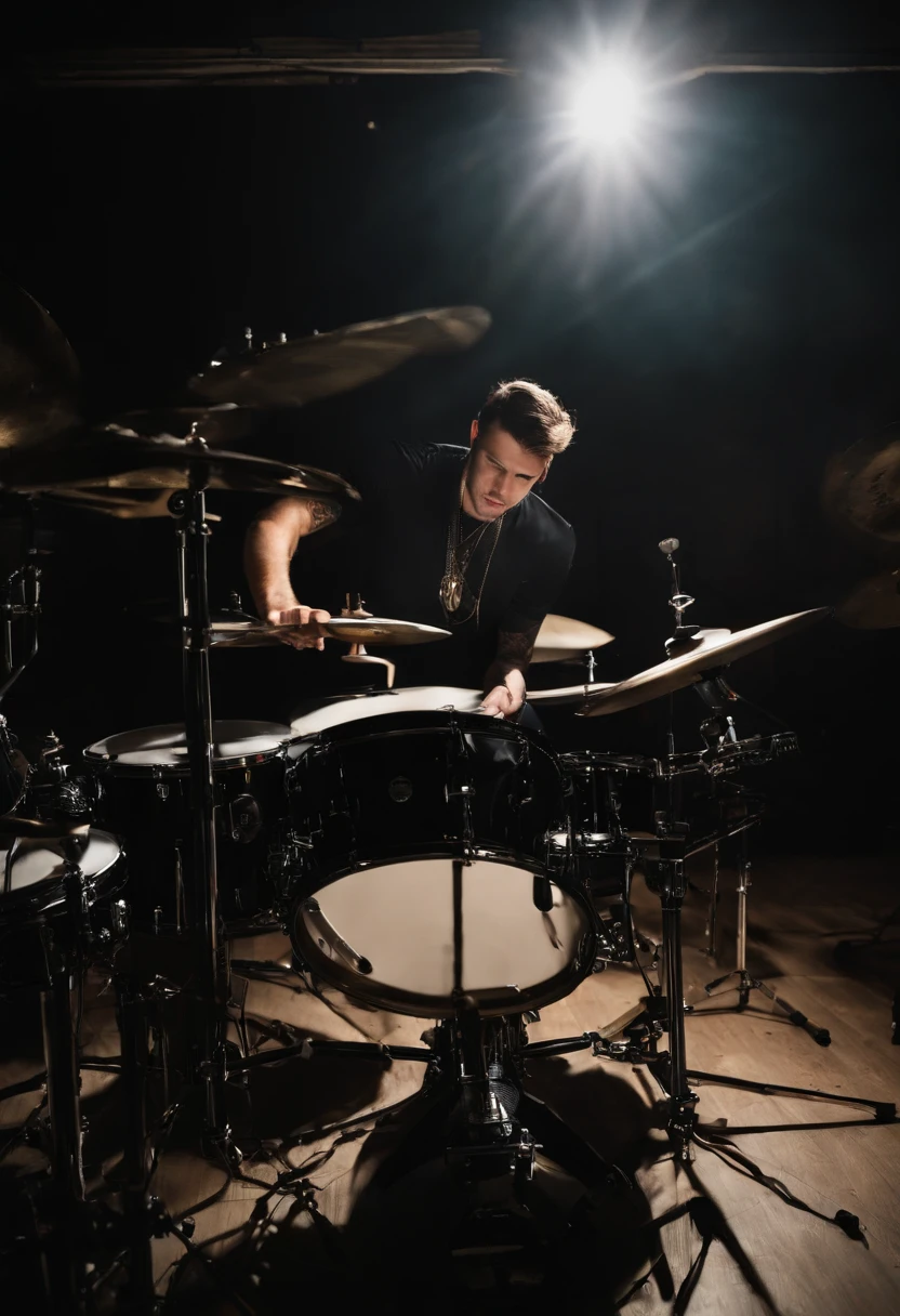 baterista tocando bateria em uma sala de tijolos com uma parede de tijolos, tocando bateria, baterista, random artist, bateria, Directed by: Robbie Trevino, music being played, by Amelia Peláez, mid riff, Directed by: Byron Galvez, hard lighting!, nostalgic vibes, tom sombrio, Tomada com Canon 8 0 D, hard lighting, miles johnstone, focus on the musicians. Adolescente de corpo definido, soio, Drumsticks in your hands, cabelos grisalhos, mechas de cabelo em tom verde musgo, short hair, ((blusa social de cor preta , long black and gray pants)), , serious look, olhos de cor castanho, ancient ruins, colar dourado dentro da camiseta.